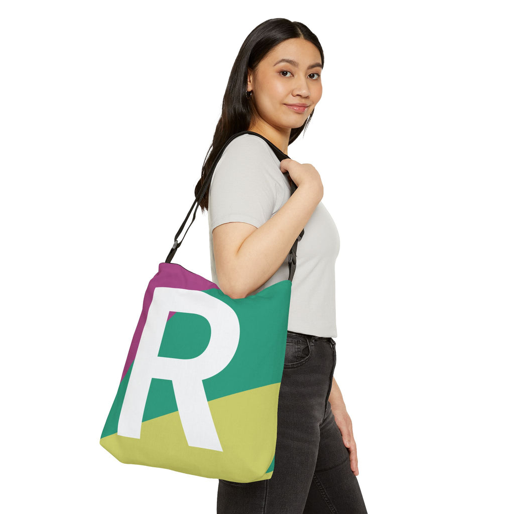 Initial Letter 'R' Colorblock Adjustable Tote Bag — Monogram Alphabet Shoulder Bag