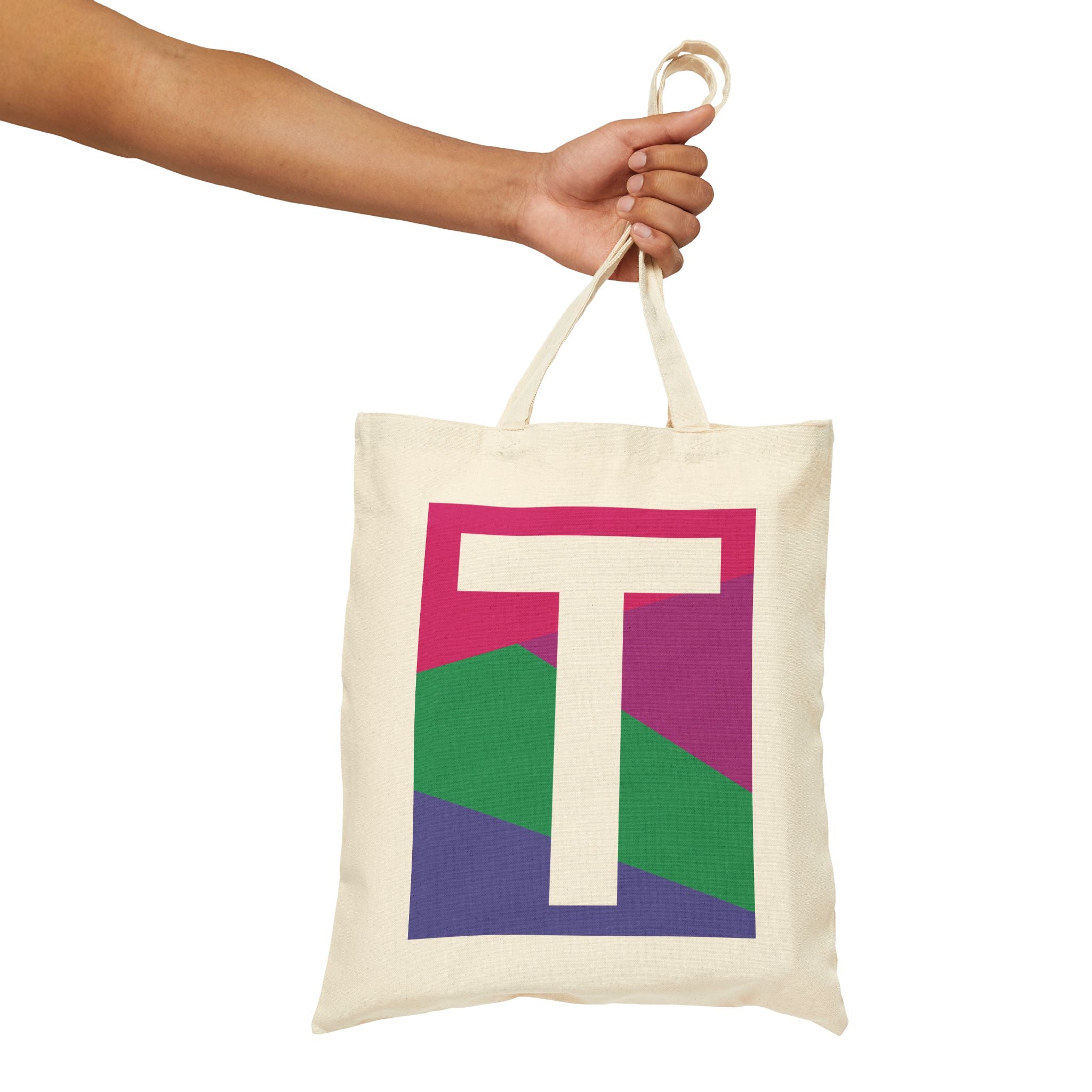 Initial T Colorblock Canvas Tote Bag — Monogram Letter T Reusable Grocery Tote