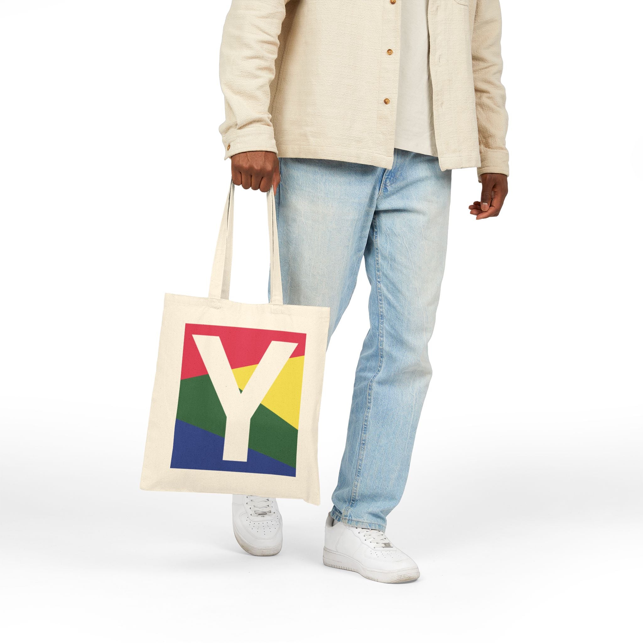 Initial Y Colorblock Canvas Tote Bag — Monogram Letter Y Reusable Grocery Tote