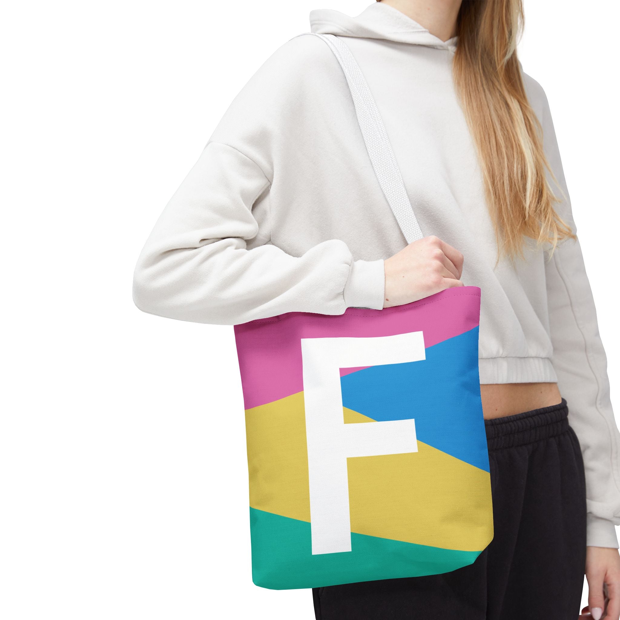 Monogram 'F' Colorblock Tote Bag — Personalized Initial F Shoulder Tote