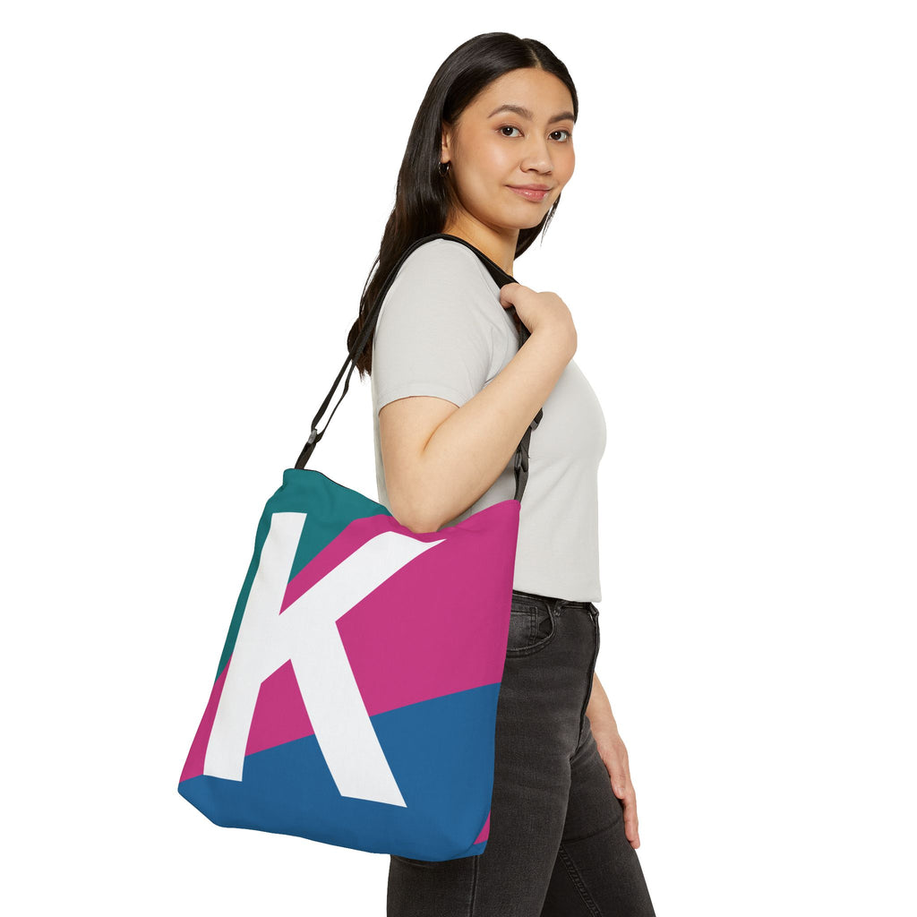 Initial Letter 'K' Colorblock Adjustable Tote Bag — Monogram Alphabet Shoulder Bag