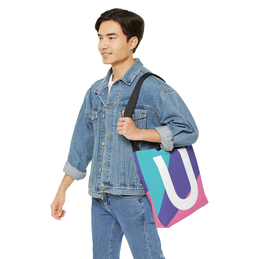 Initial Letter 'U' Colorblock Adjustable Tote Bag — Monogram Alphabet Shoulder Bag