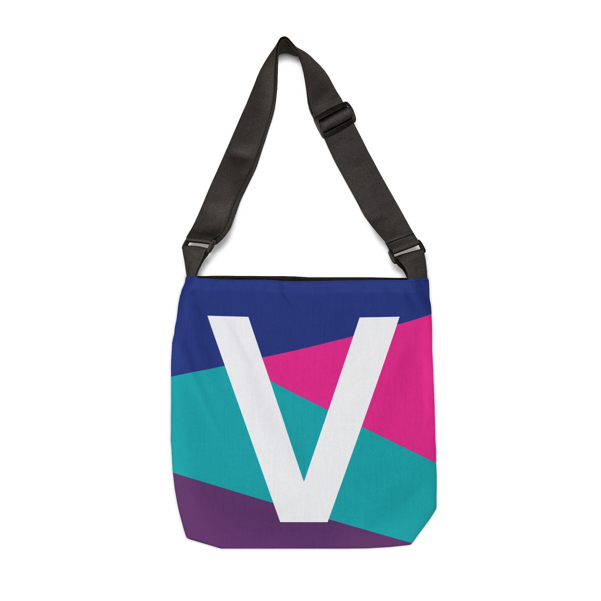 Initial Letter 'V' Colorblock Adjustable Tote Bag — Monogram Alphabet Shoulder Bag
