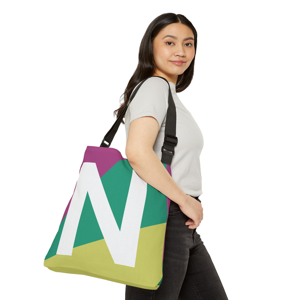 Initial Letter 'N' Colorblock Adjustable Tote Bag — Monogram Alphabet Shoulder Bag
