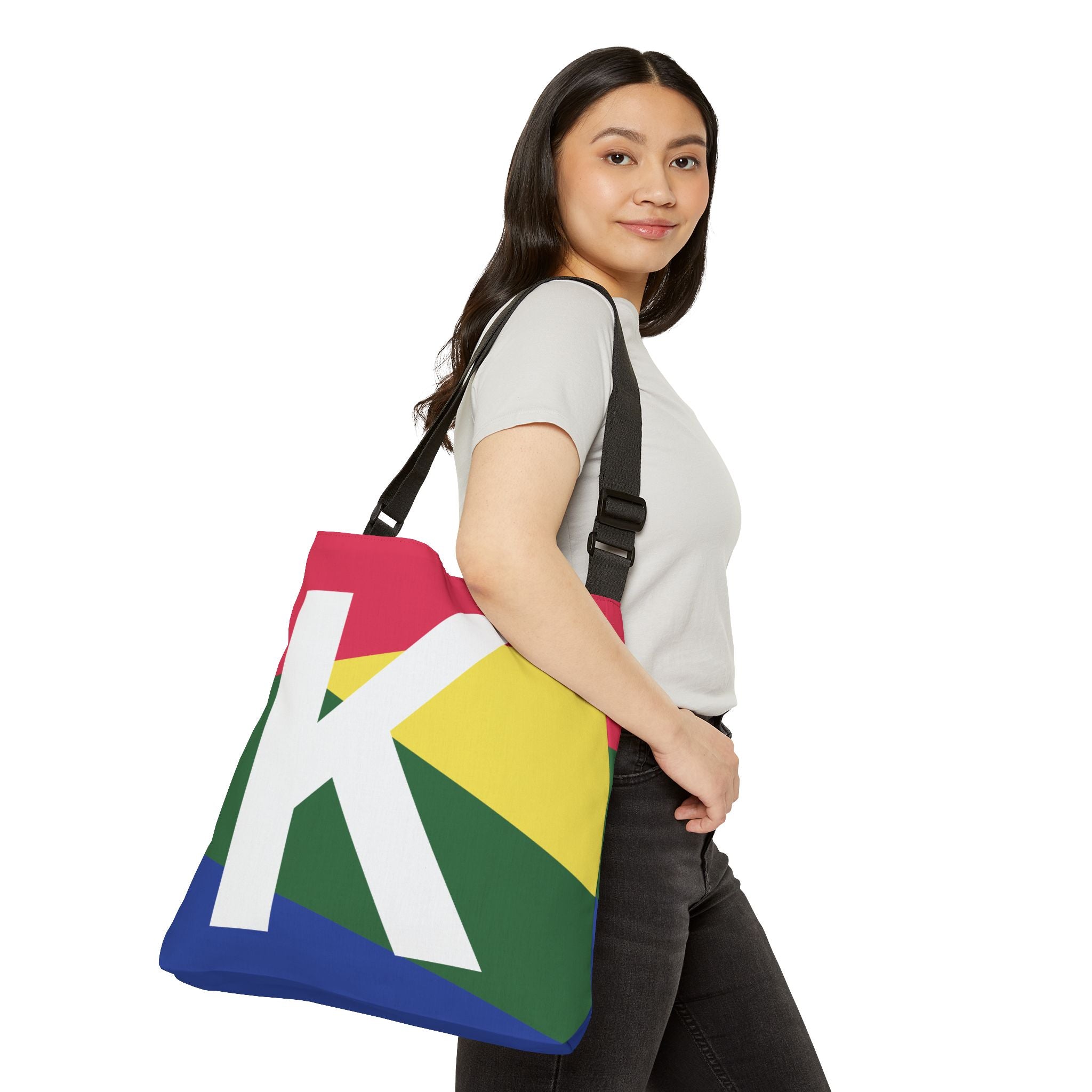 Initial Letter 'K' Colorblock Adjustable Tote Bag — Monogram Alphabet Shoulder Bag