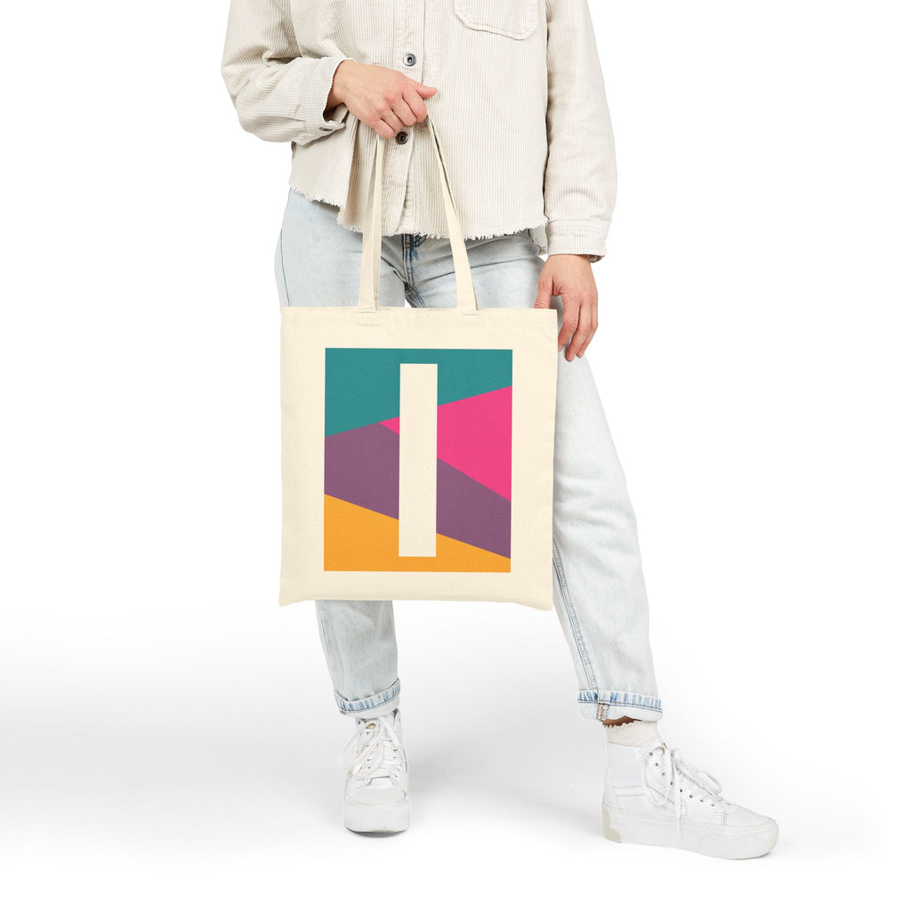 Initial I Colorblock Canvas Tote Bag — Monogram Letter I Reusable Grocery Tote