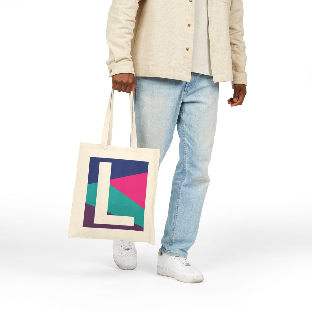 Initial L Colorblock Canvas Tote Bag — Monogram Letter L Reusable Grocery Tote