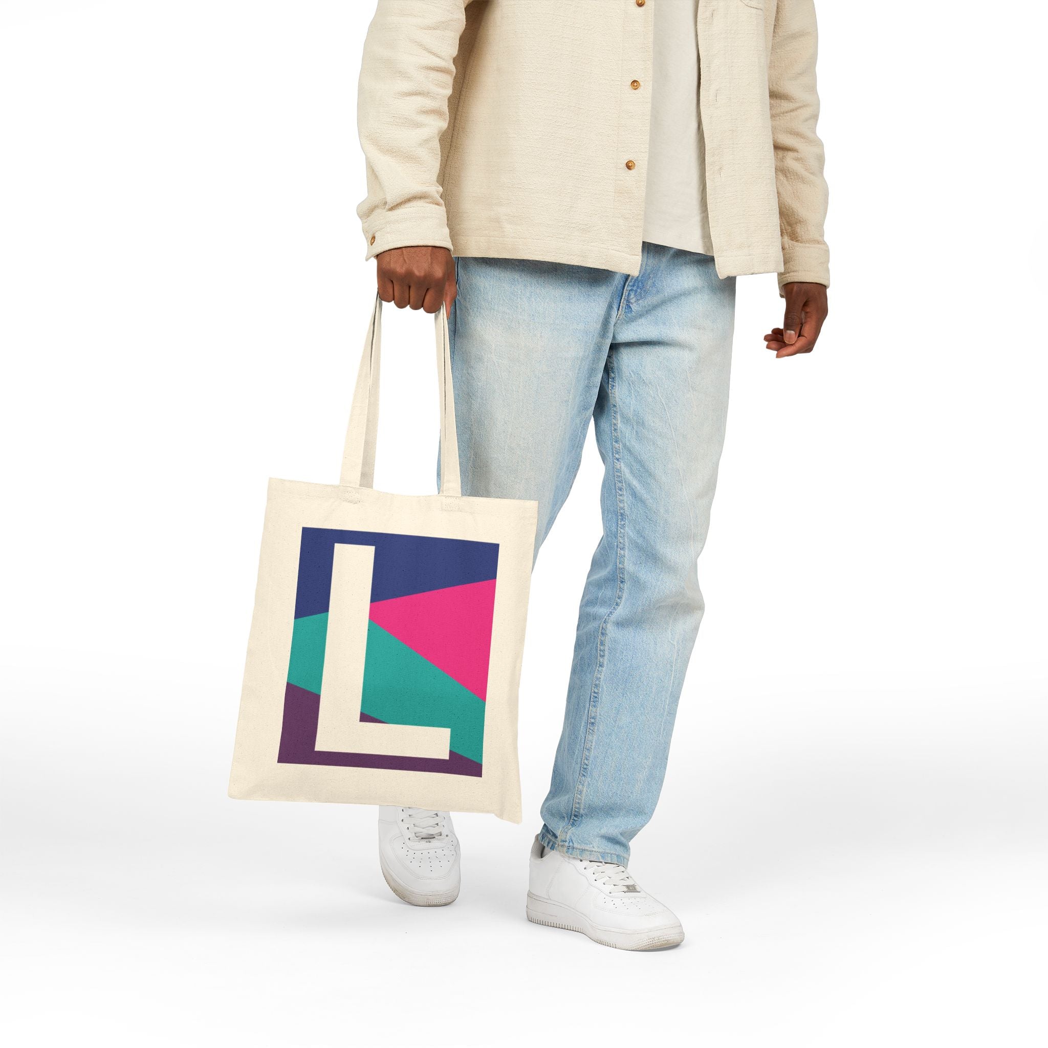 Initial L Colorblock Canvas Tote Bag — Monogram Letter L Reusable Grocery Tote