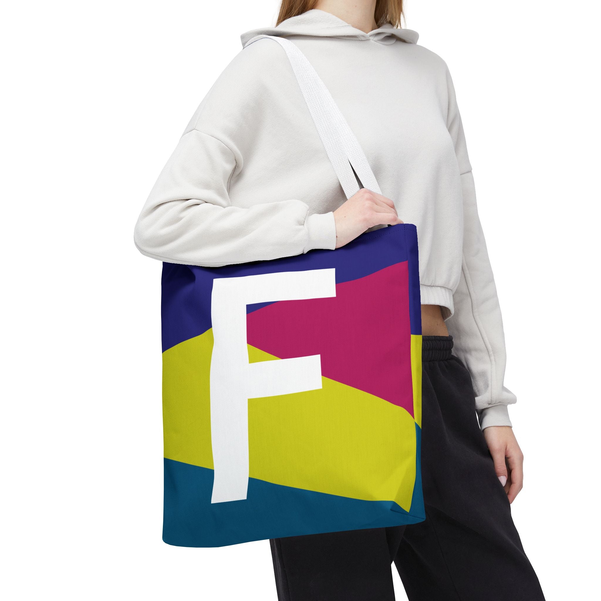Monogram 'F' Colorblock Tote Bag — Personalized Initial F Shoulder Tote