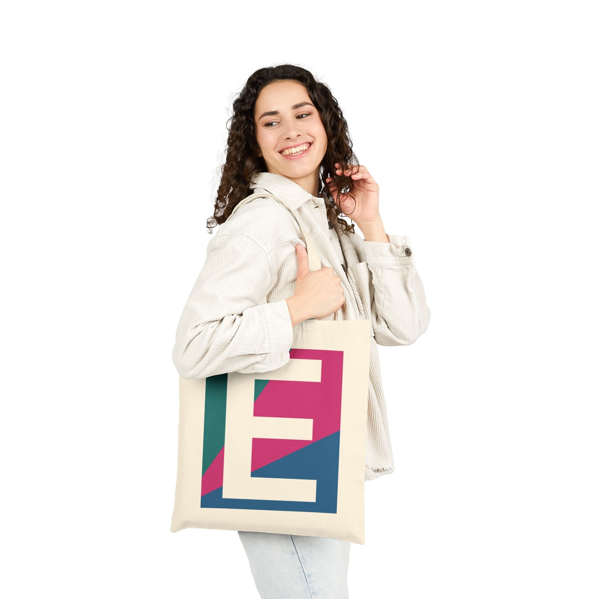 Initial E Colorblock Canvas Tote Bag — Monogram Letter E Reusable Grocery Tote