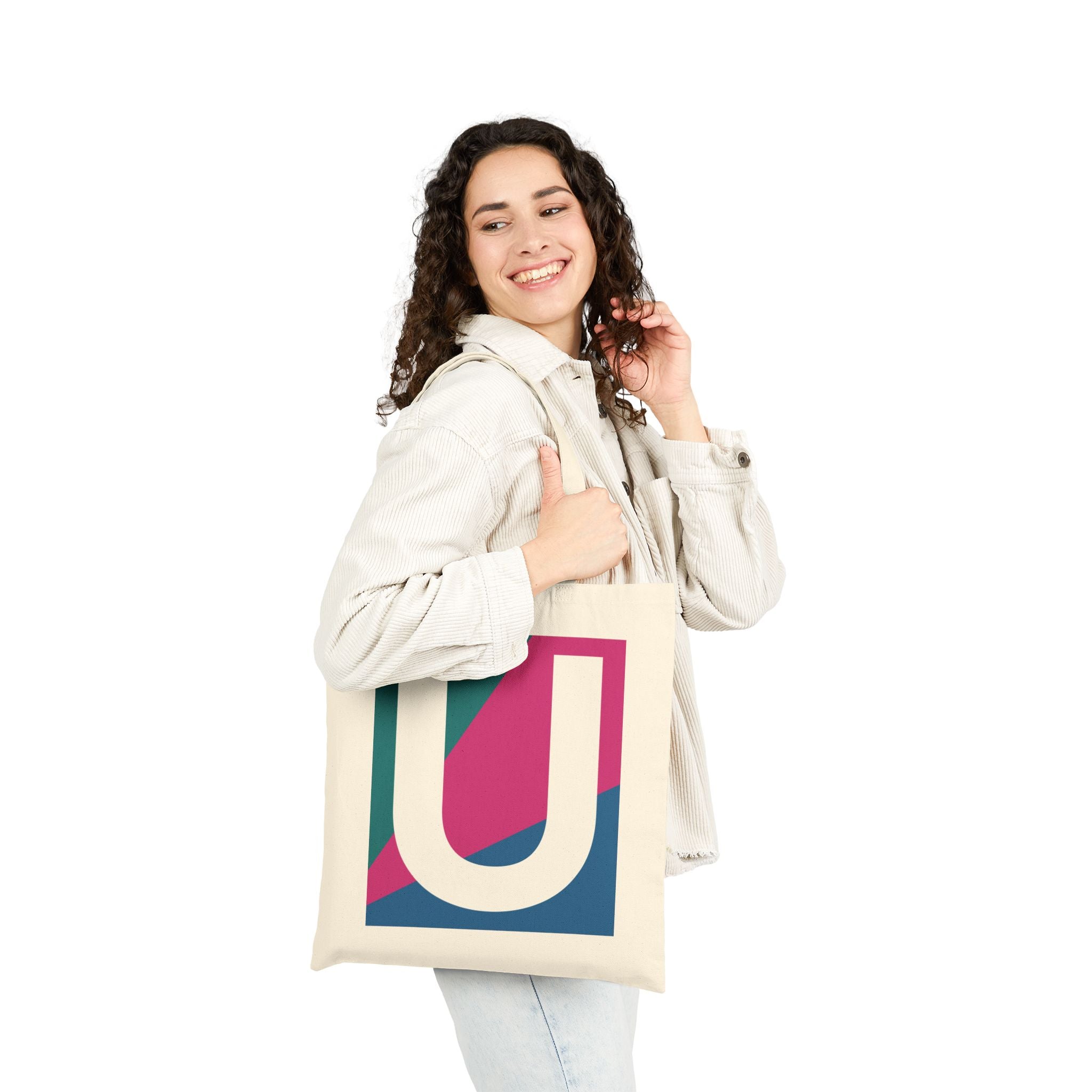 Initial U Colorblock Canvas Tote Bag — Monogram Letter U Reusable Grocery Tote