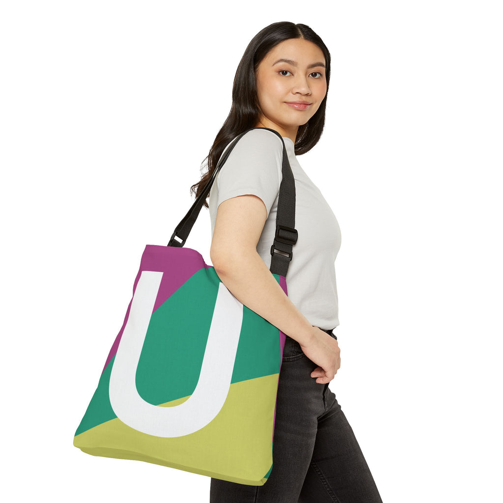 Initial Letter 'U' Colorblock Adjustable Tote Bag — Monogram Alphabet Shoulder Bag