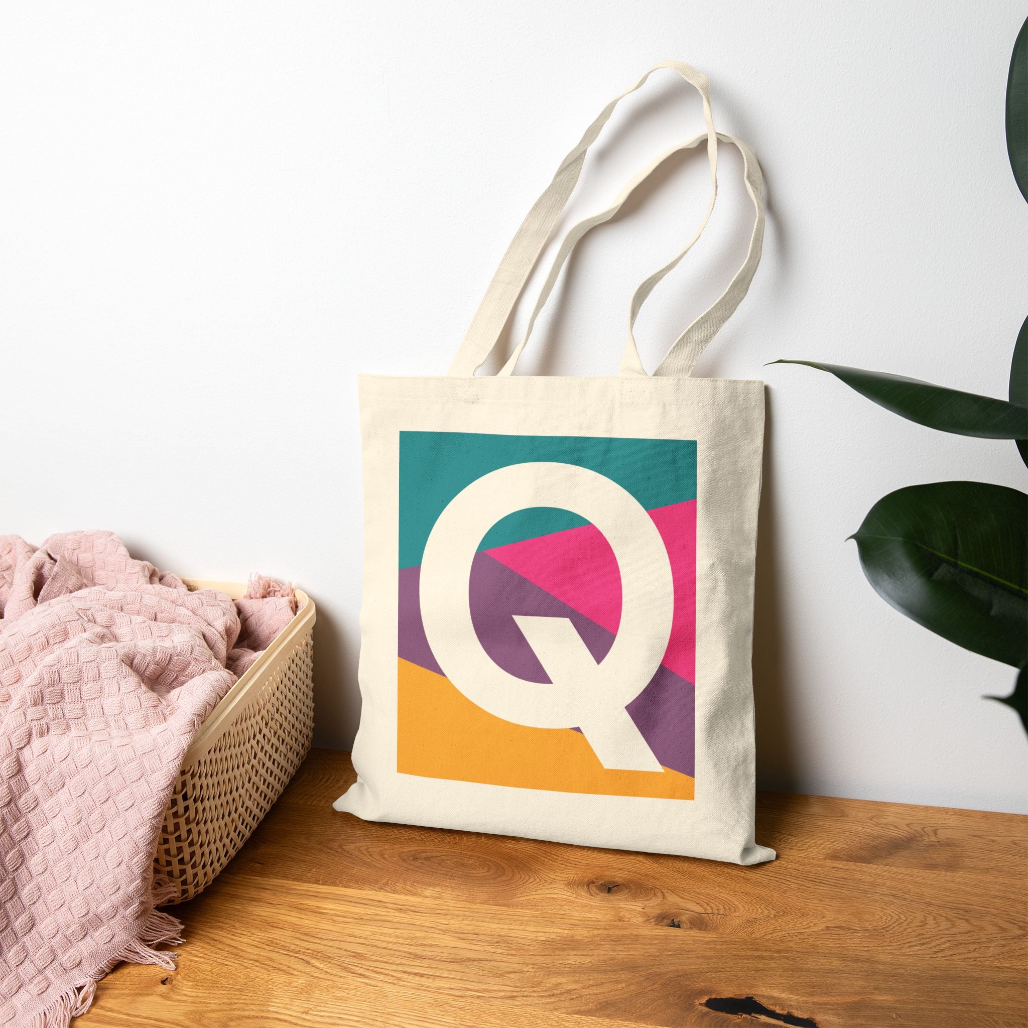 Initial Q Colorblock Canvas Tote Bag — Monogram Letter Q Reusable Grocery Tote