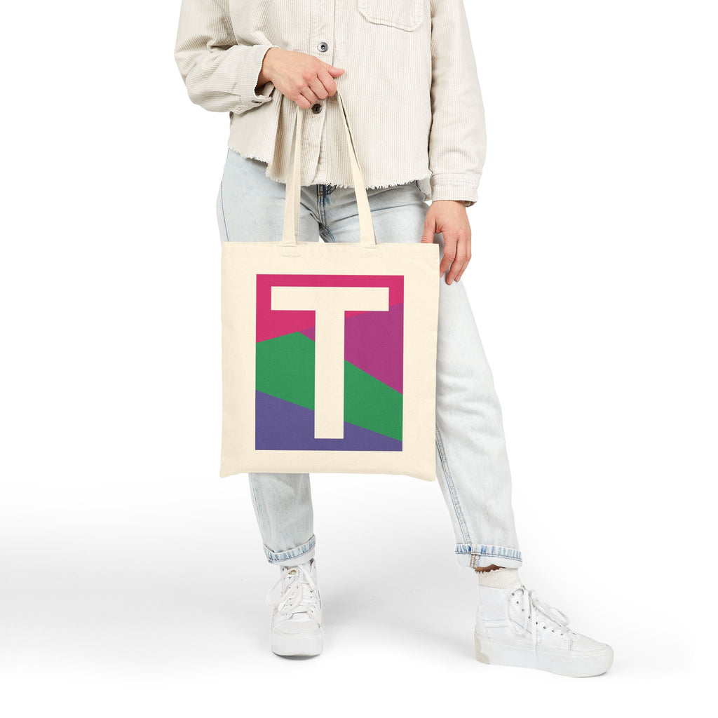 Initial T Colorblock Canvas Tote Bag — Monogram Letter T Reusable Grocery Tote
