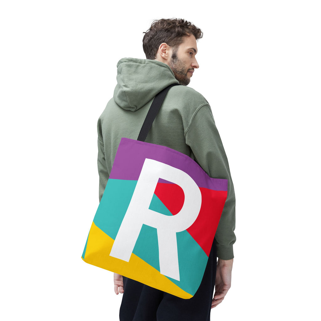 Monogram 'R' Colorblock Tote Bag — Personalized Initial R Shoulder Tote