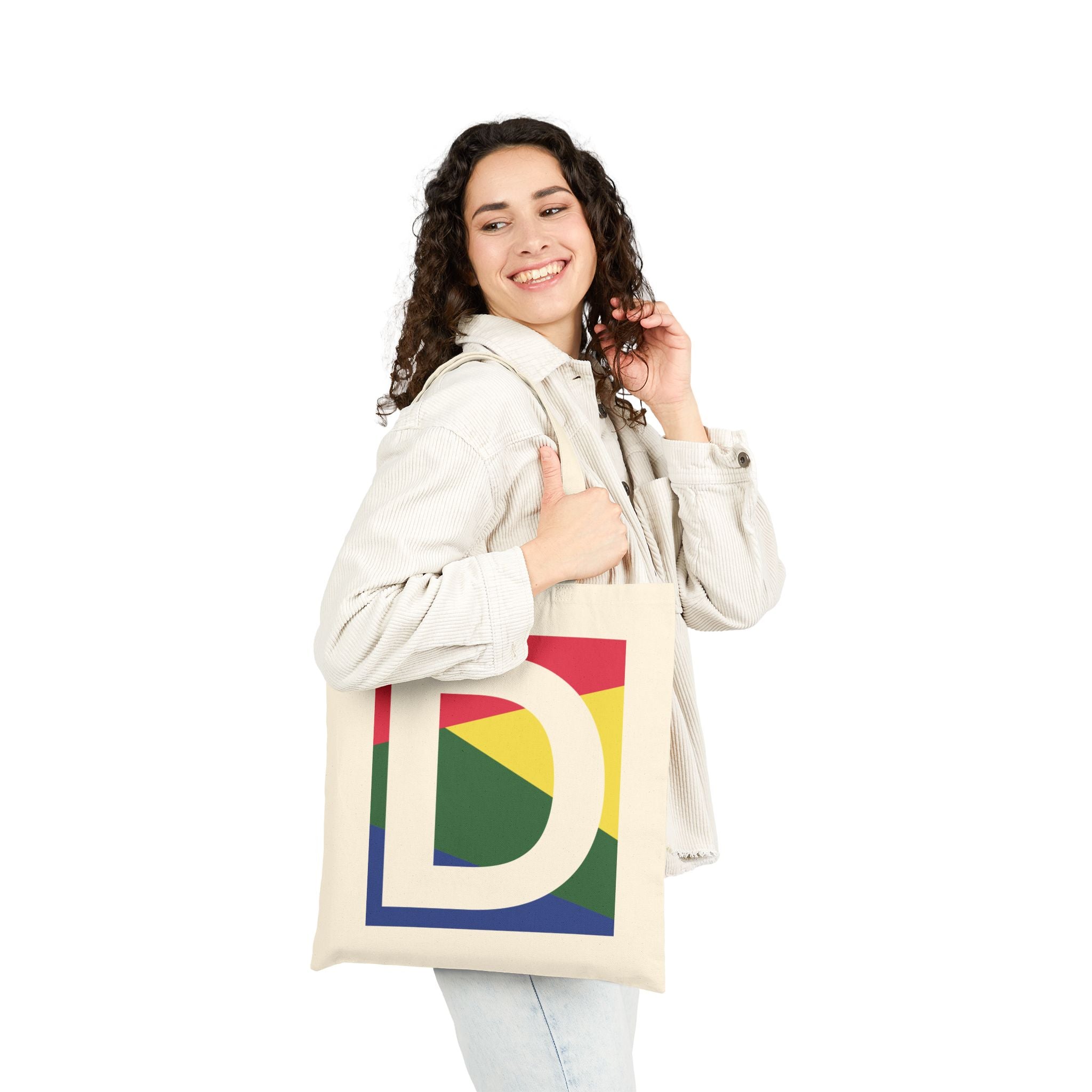 Initial D Colorblock Canvas Tote Bag — Monogram Letter D Reusable Grocery Tote
