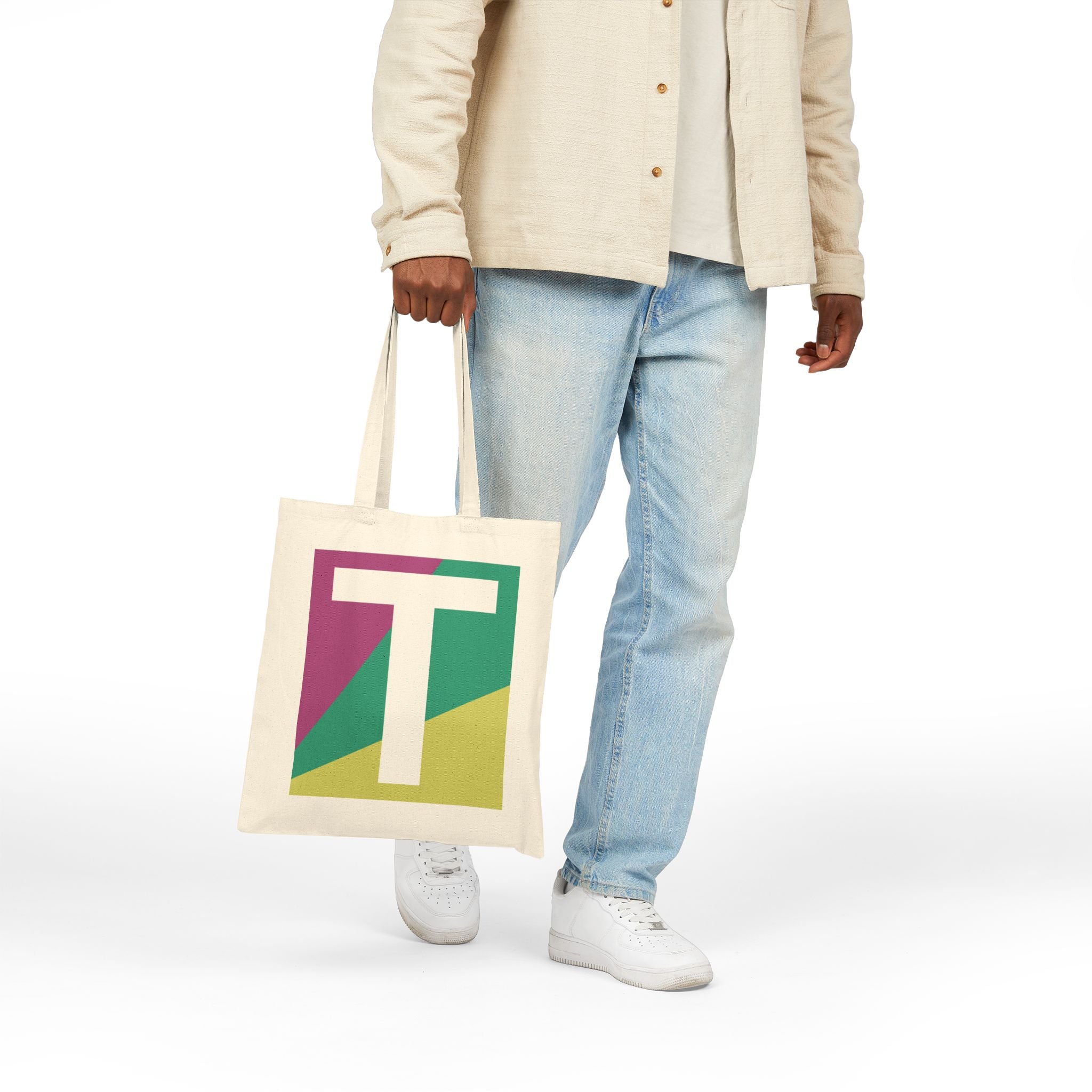 Initial T Colorblock Canvas Tote Bag — Monogram Letter T Reusable Grocery Tote