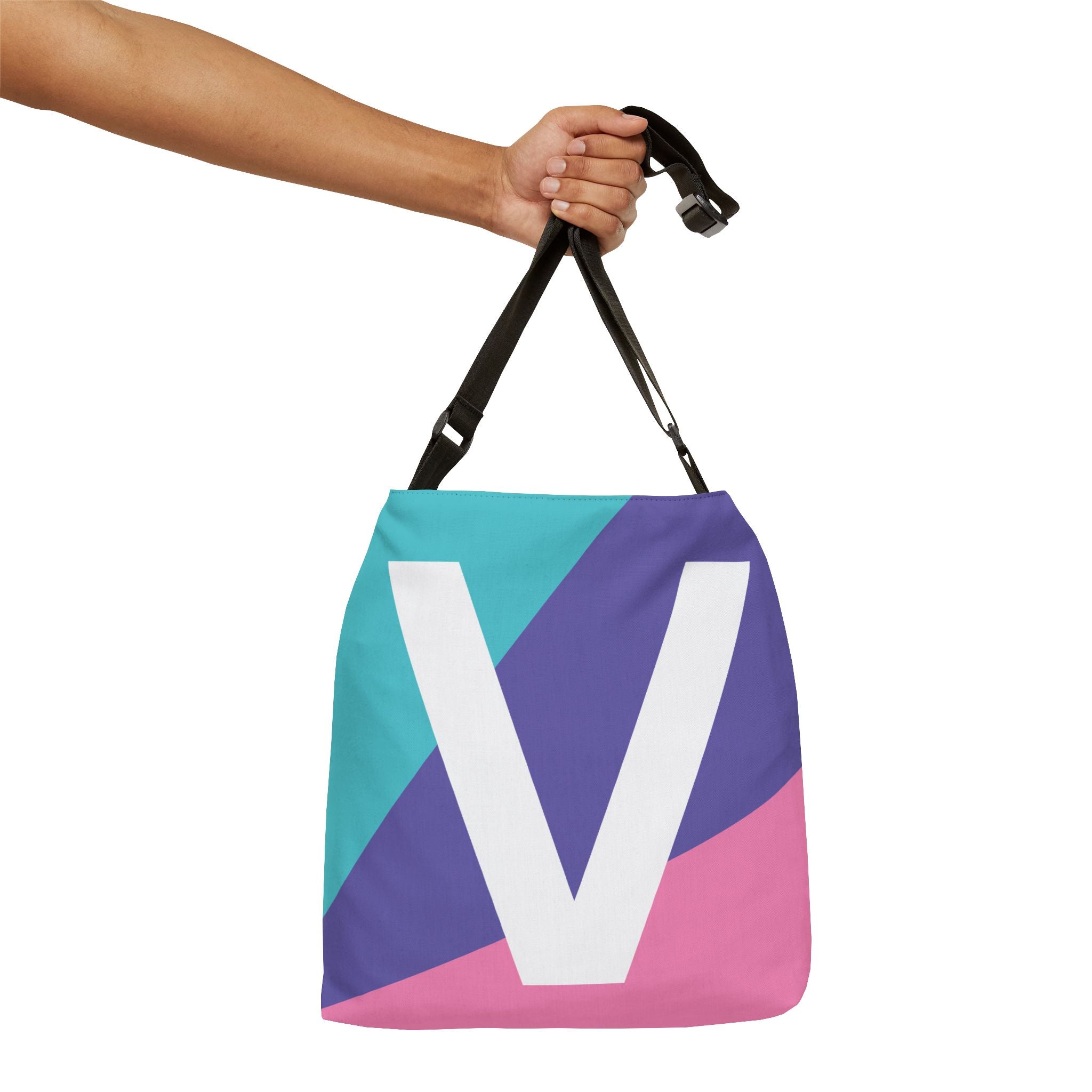 Initial Letter 'V' Colorblock Adjustable Tote Bag — Monogram Alphabet Shoulder Bag