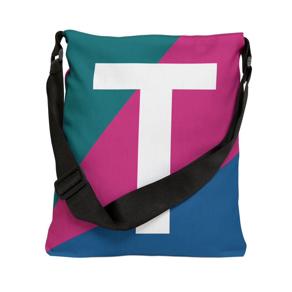 Initial Letter 'T' Colorblock Adjustable Tote Bag — Monogram Alphabet Shoulder Bag