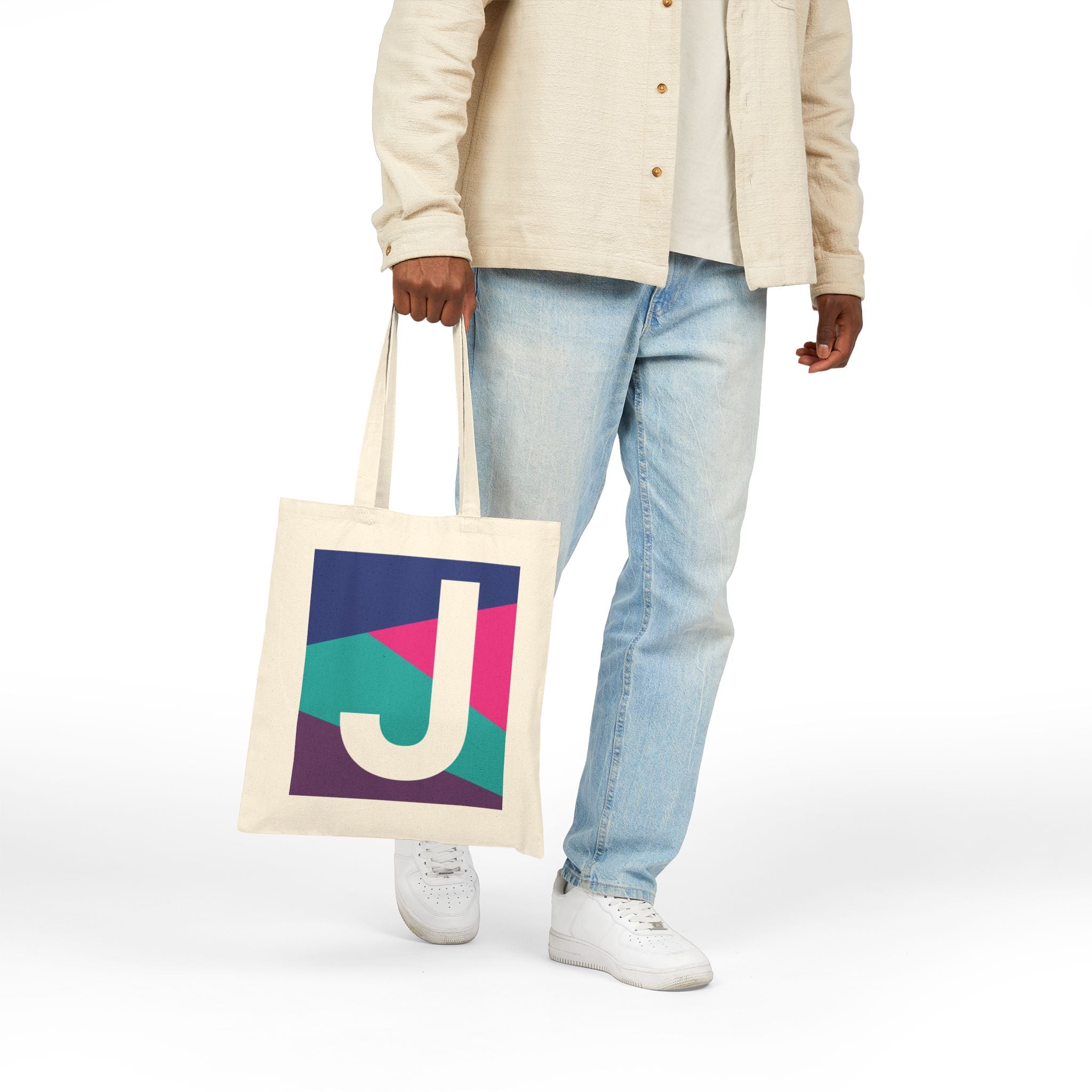 Initial J Colorblock Canvas Tote Bag — Monogram Letter J Reusable Grocery Tote