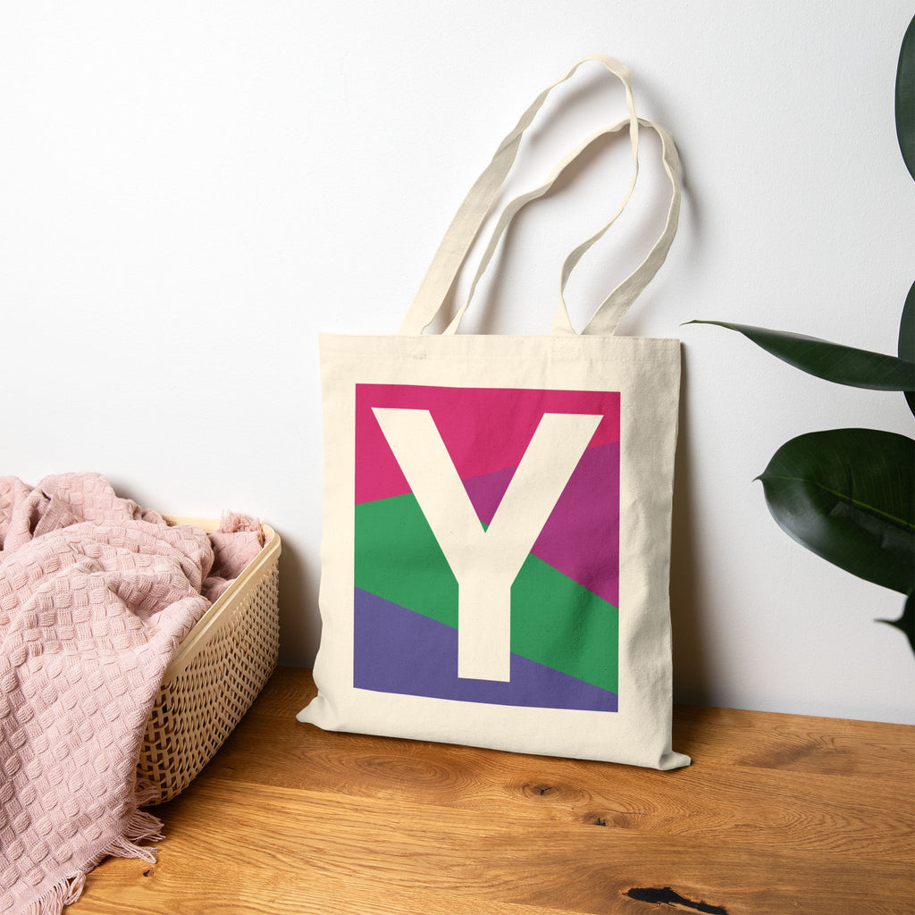 Initial Y Colorblock Canvas Tote Bag — Monogram Letter Y Reusable Grocery Tote