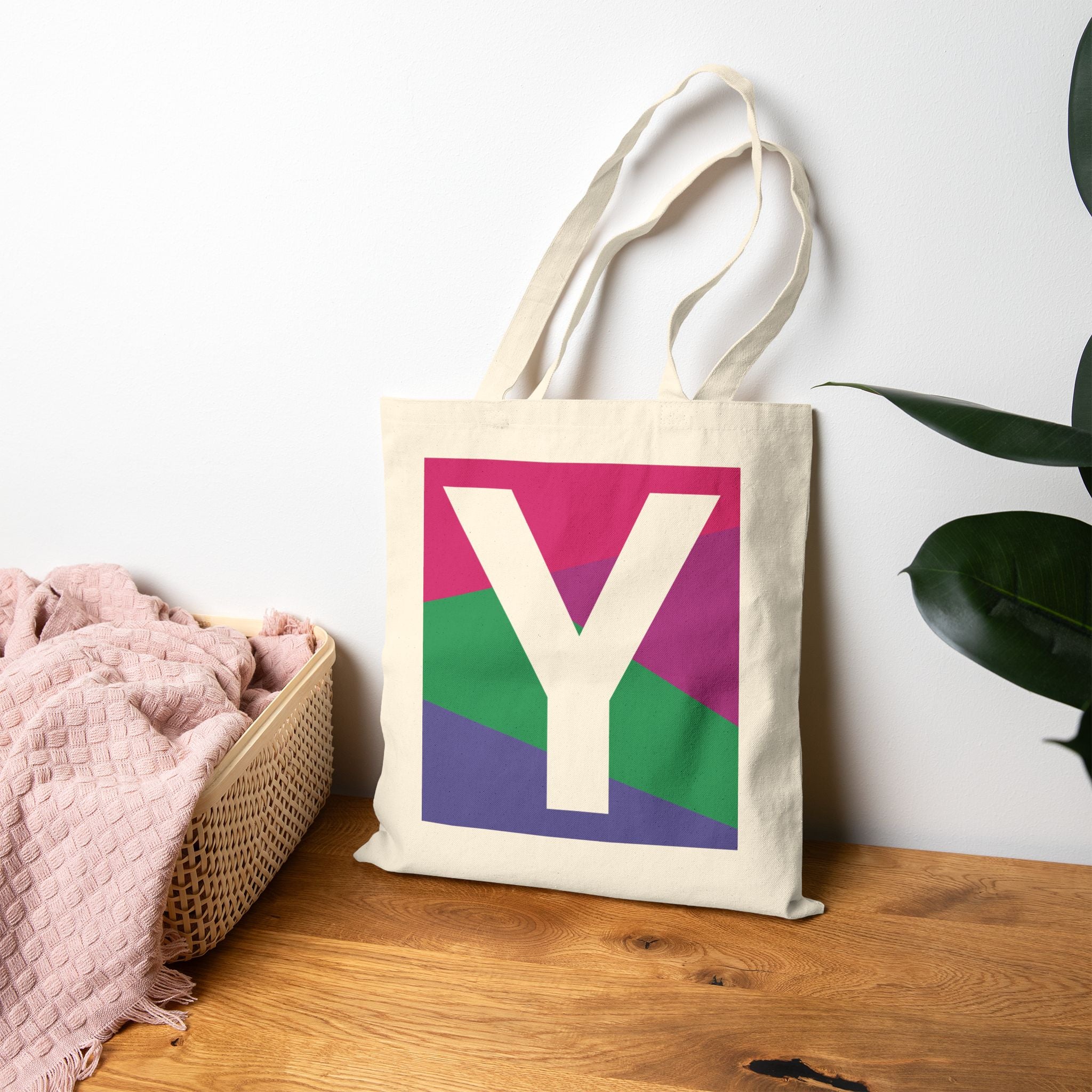 Initial Y Colorblock Canvas Tote Bag — Monogram Letter Y Reusable Grocery Tote