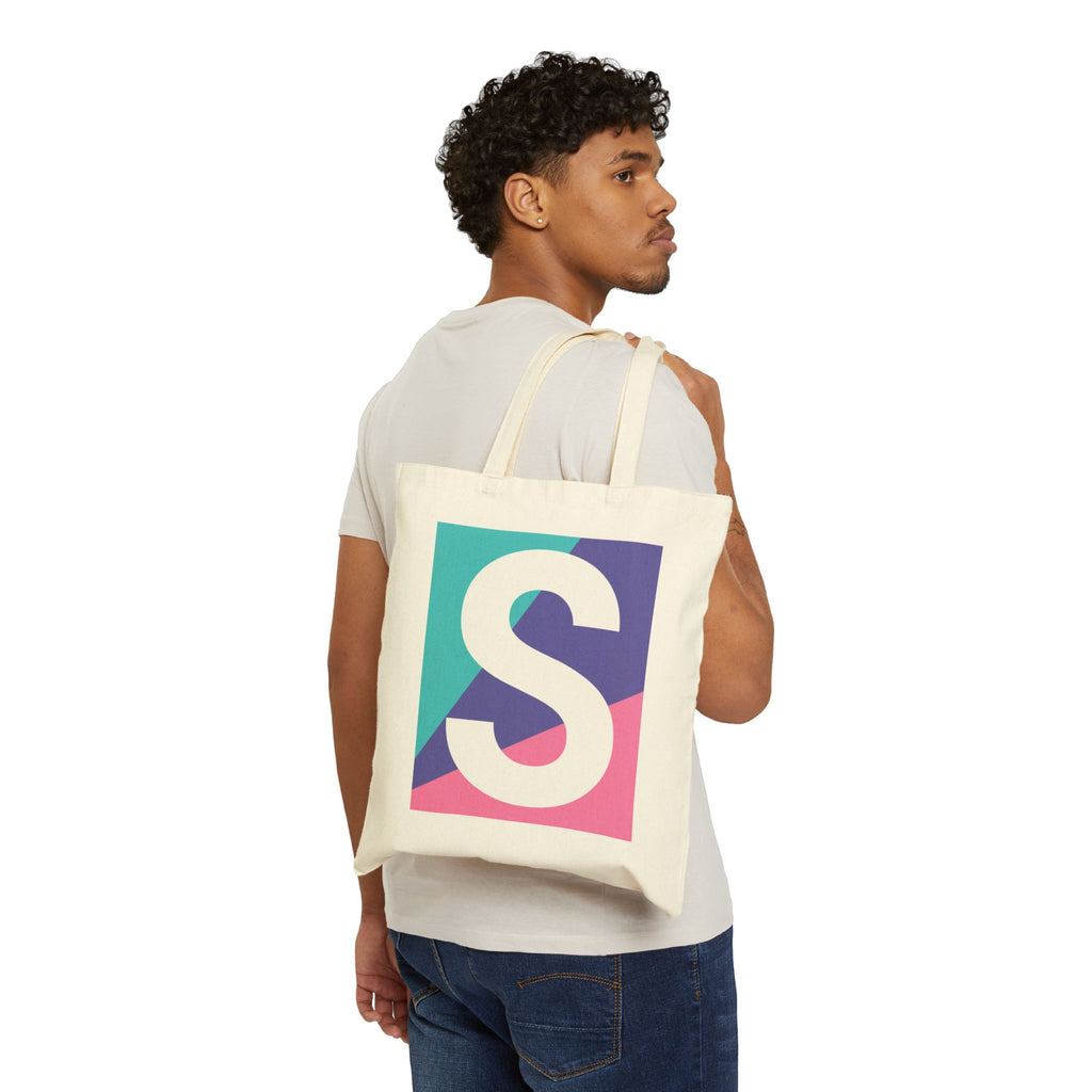 Initial S Colorblock Canvas Tote Bag — Monogram Letter S Reusable Grocery Tote