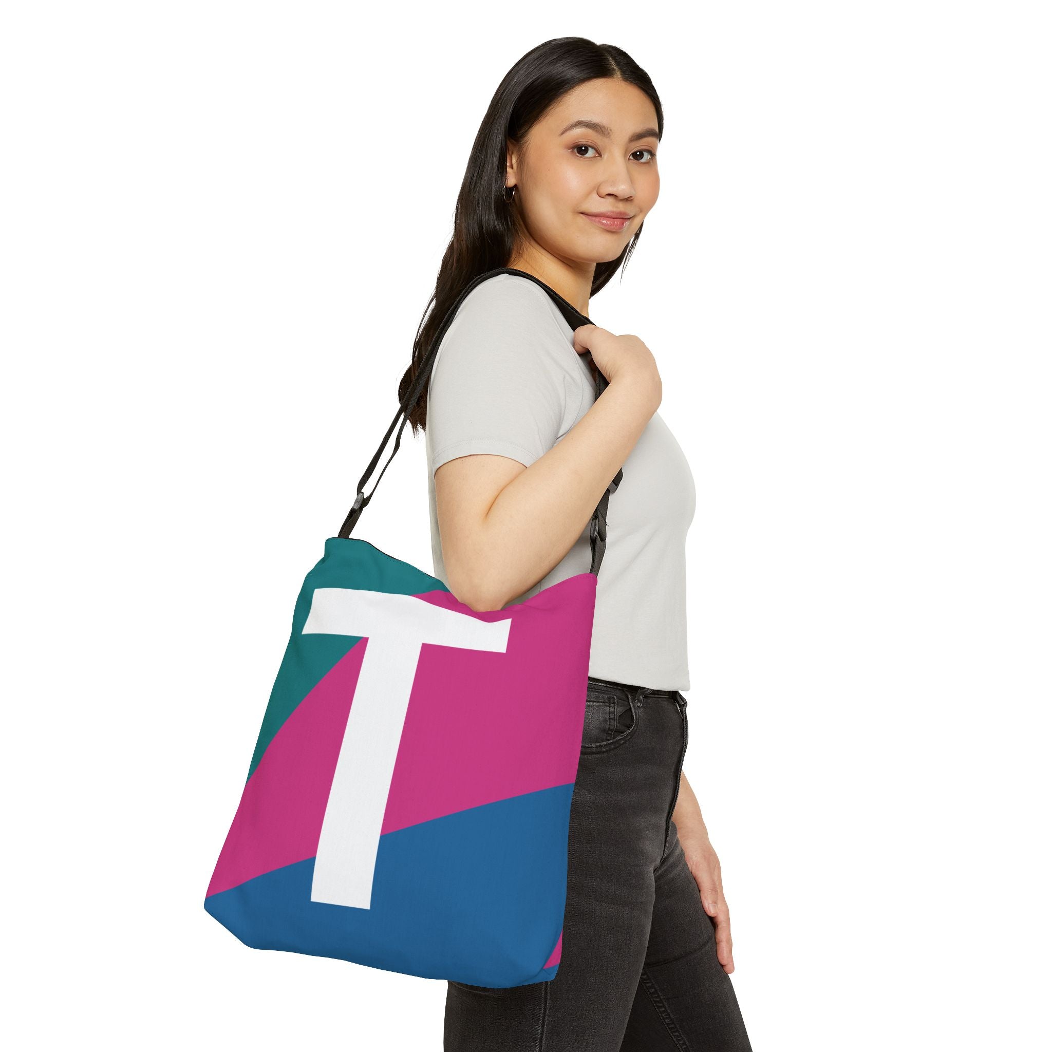 Initial Letter 'T' Colorblock Adjustable Tote Bag — Monogram Alphabet Shoulder Bag