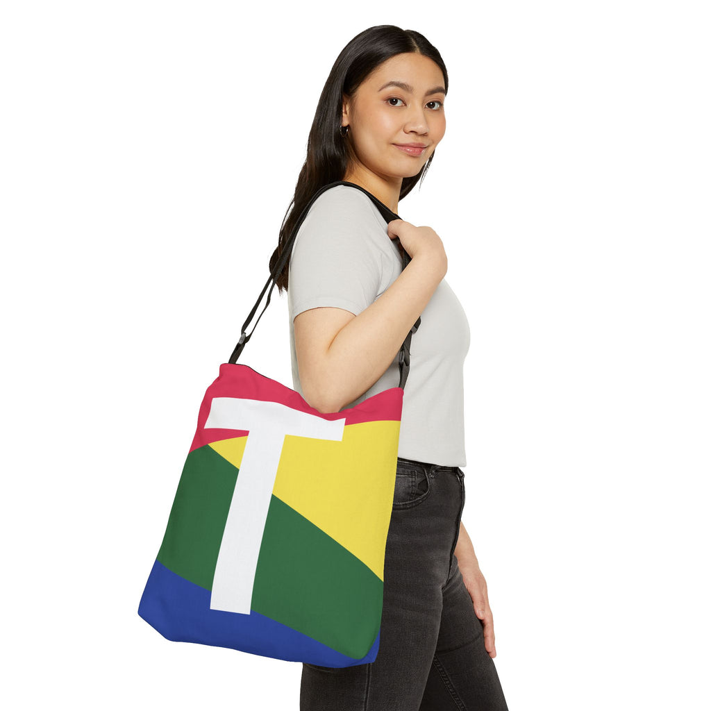 Initial Letter 'T' Colorblock Adjustable Tote Bag — Monogram Alphabet Shoulder Bag