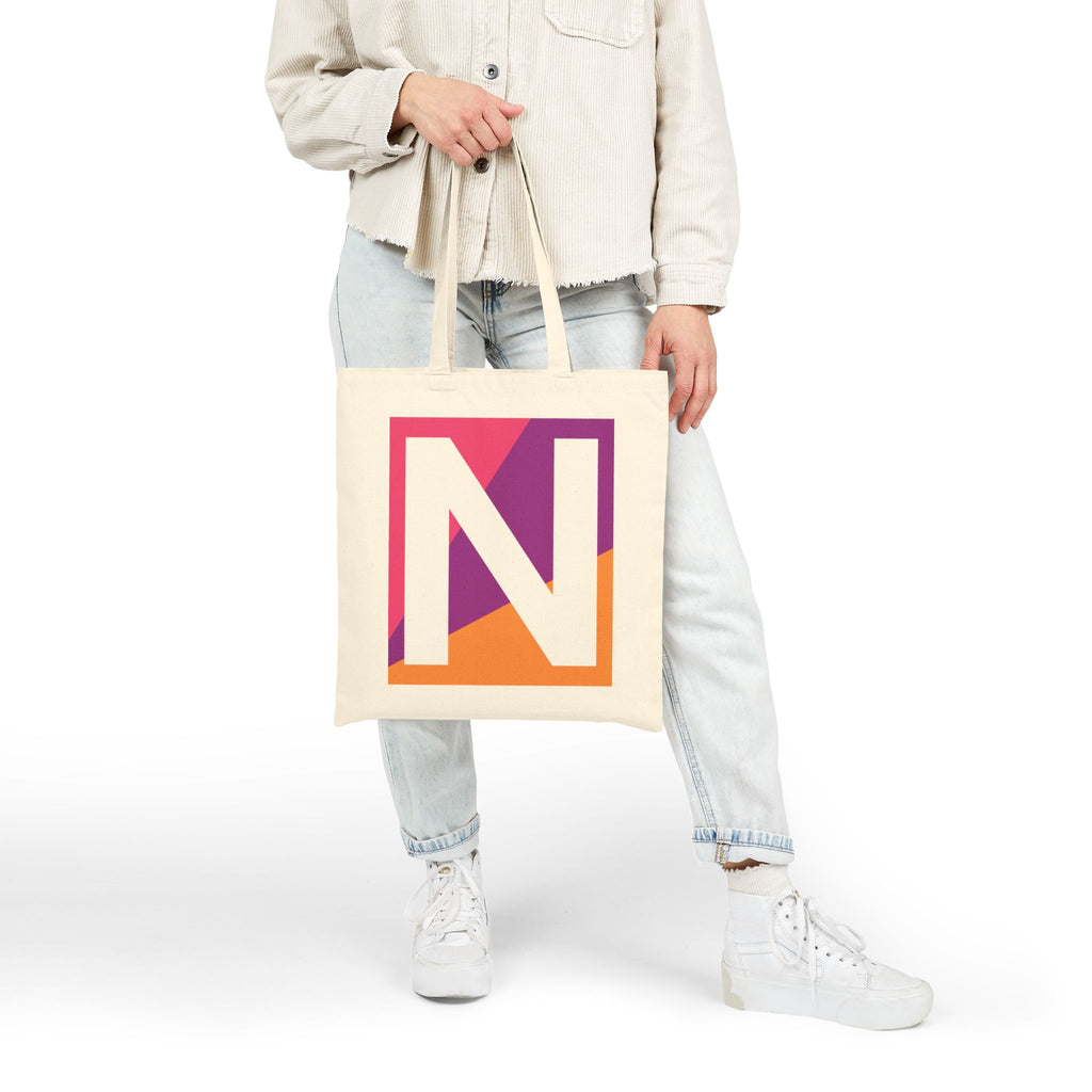 Initial N Colorblock Canvas Tote Bag — Monogram Letter N Reusable Grocery Tote