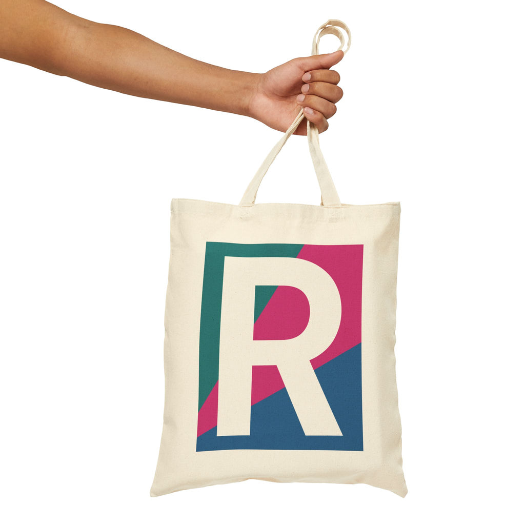 Initial R Colorblock Canvas Tote Bag — Monogram Letter R Reusable Grocery Tote