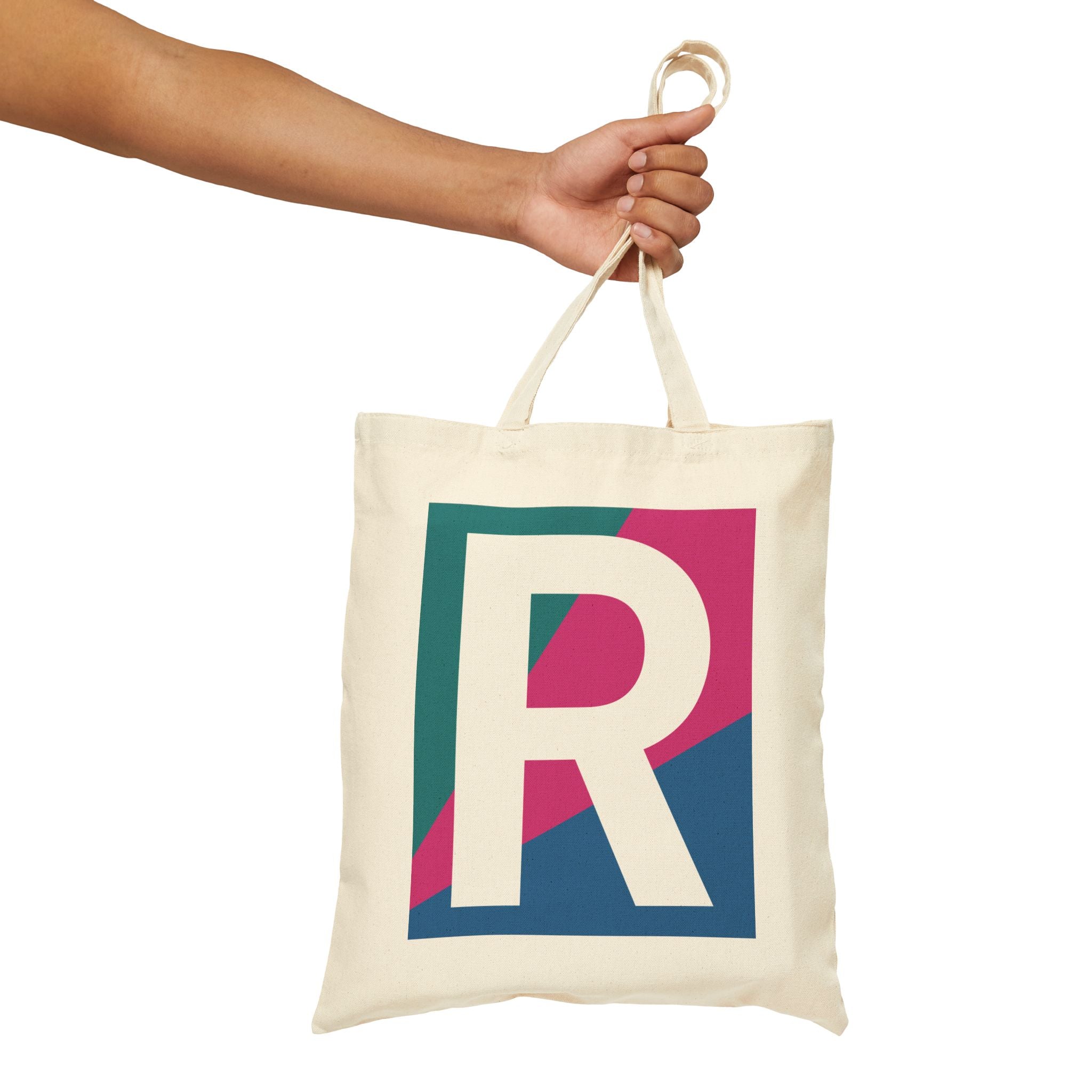 Initial R Colorblock Canvas Tote Bag — Monogram Letter R Reusable Grocery Tote