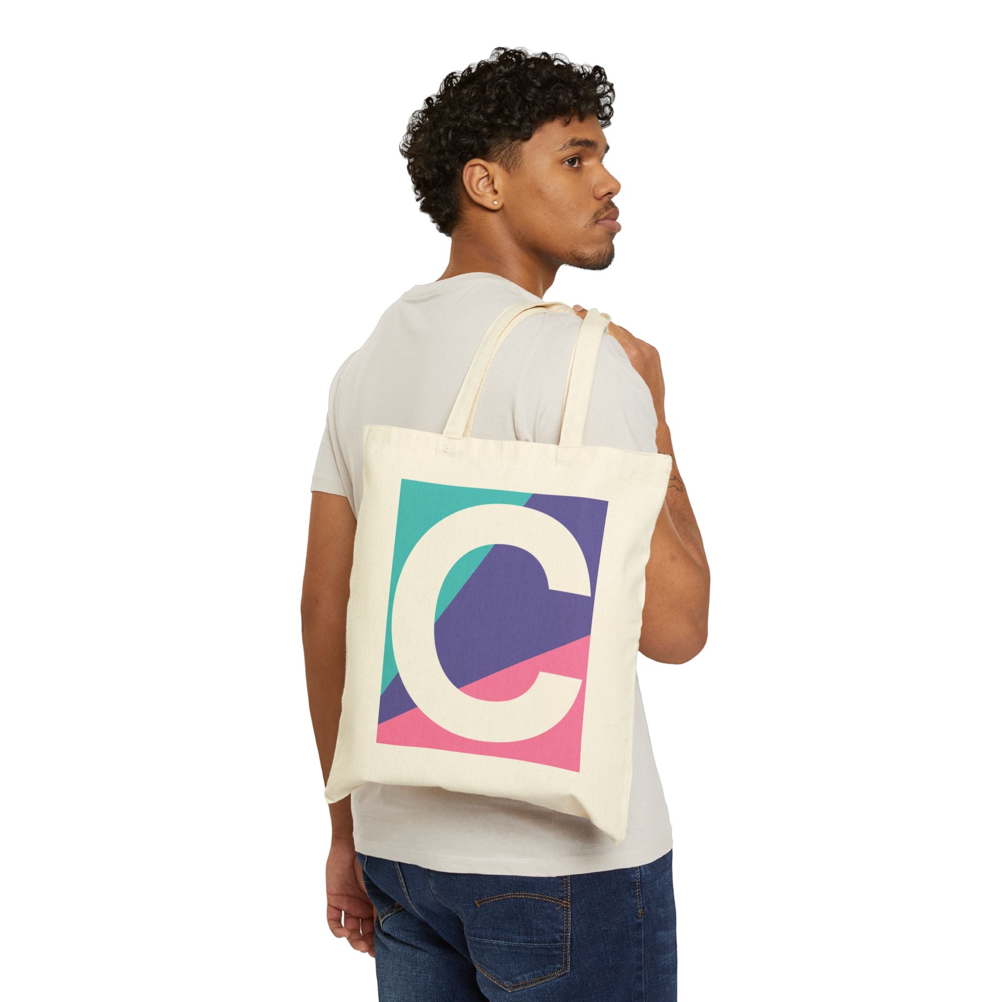 Initial C Colorblock Canvas Tote Bag — Monogram Letter C Reusable Grocery Tote