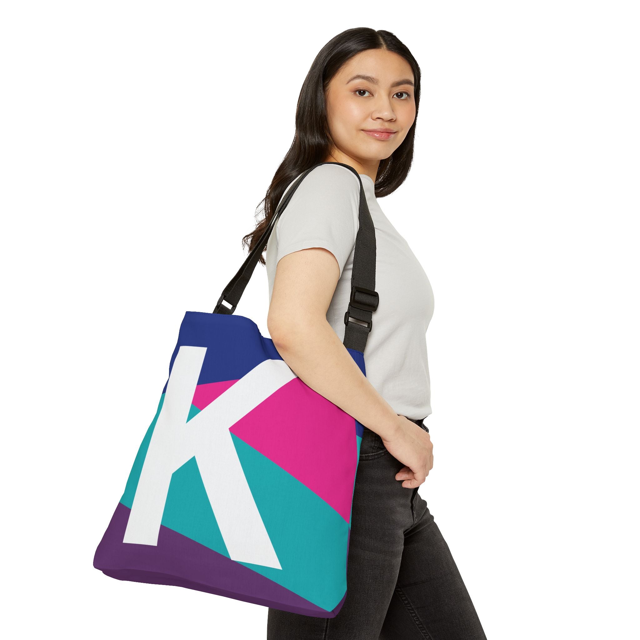 Initial Letter 'K' Colorblock Adjustable Tote Bag — Monogram Alphabet Shoulder Bag