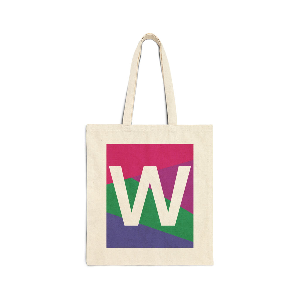 Initial W Colorblock Canvas Tote Bag — Monogram Letter W Reusable Grocery Tote