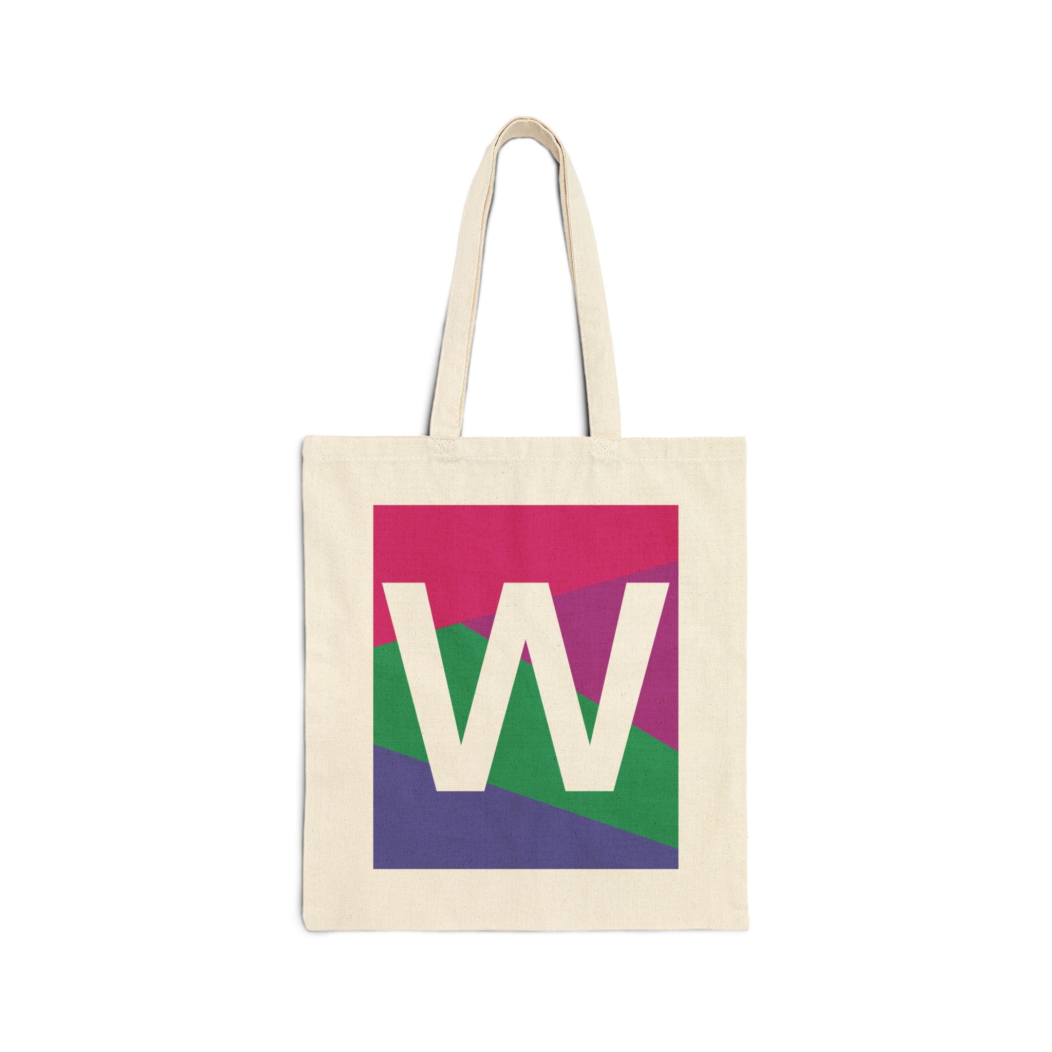 Initial W Colorblock Canvas Tote Bag — Monogram Letter W Reusable Grocery Tote