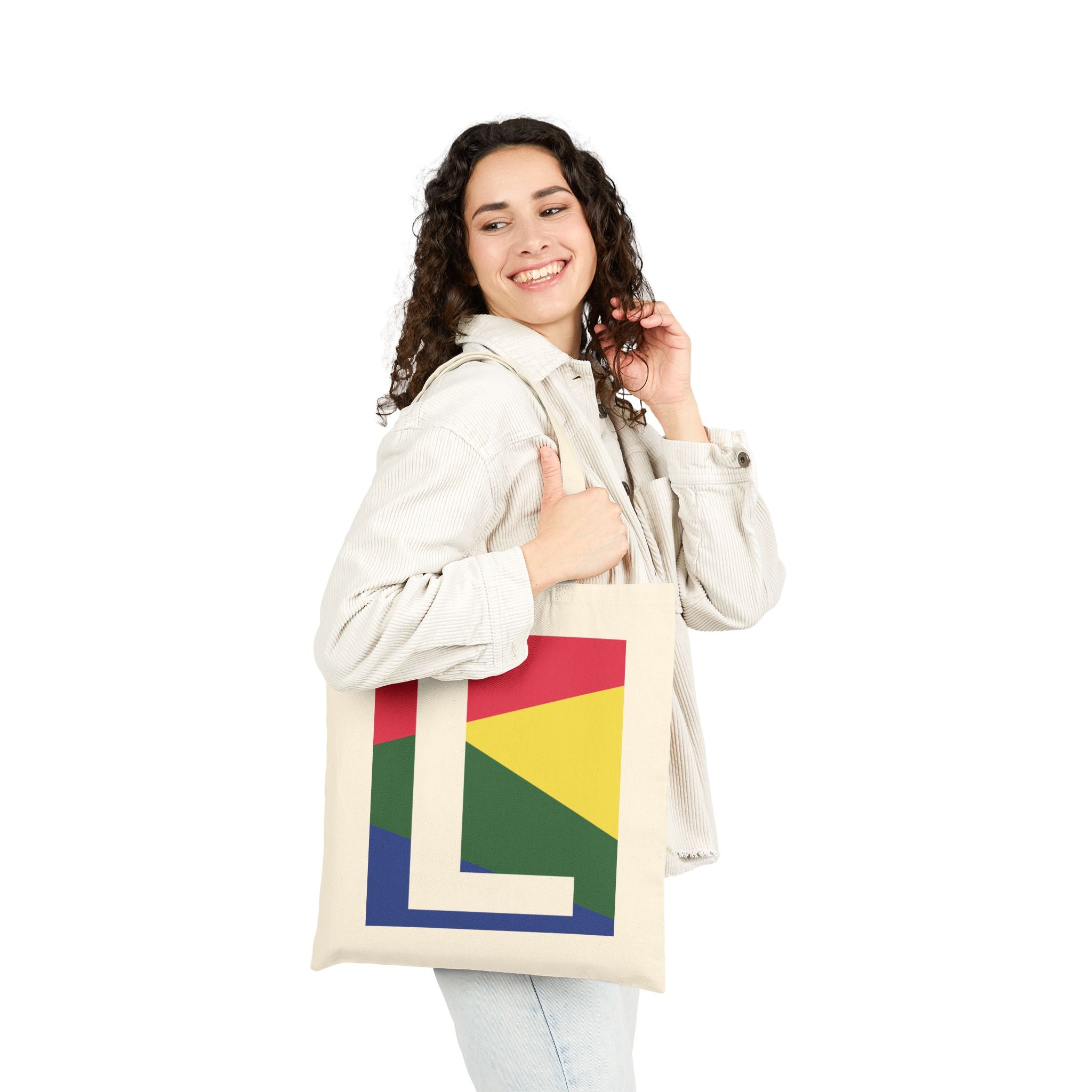 Initial L Colorblock Canvas Tote Bag — Monogram Letter L Reusable Grocery Tote
