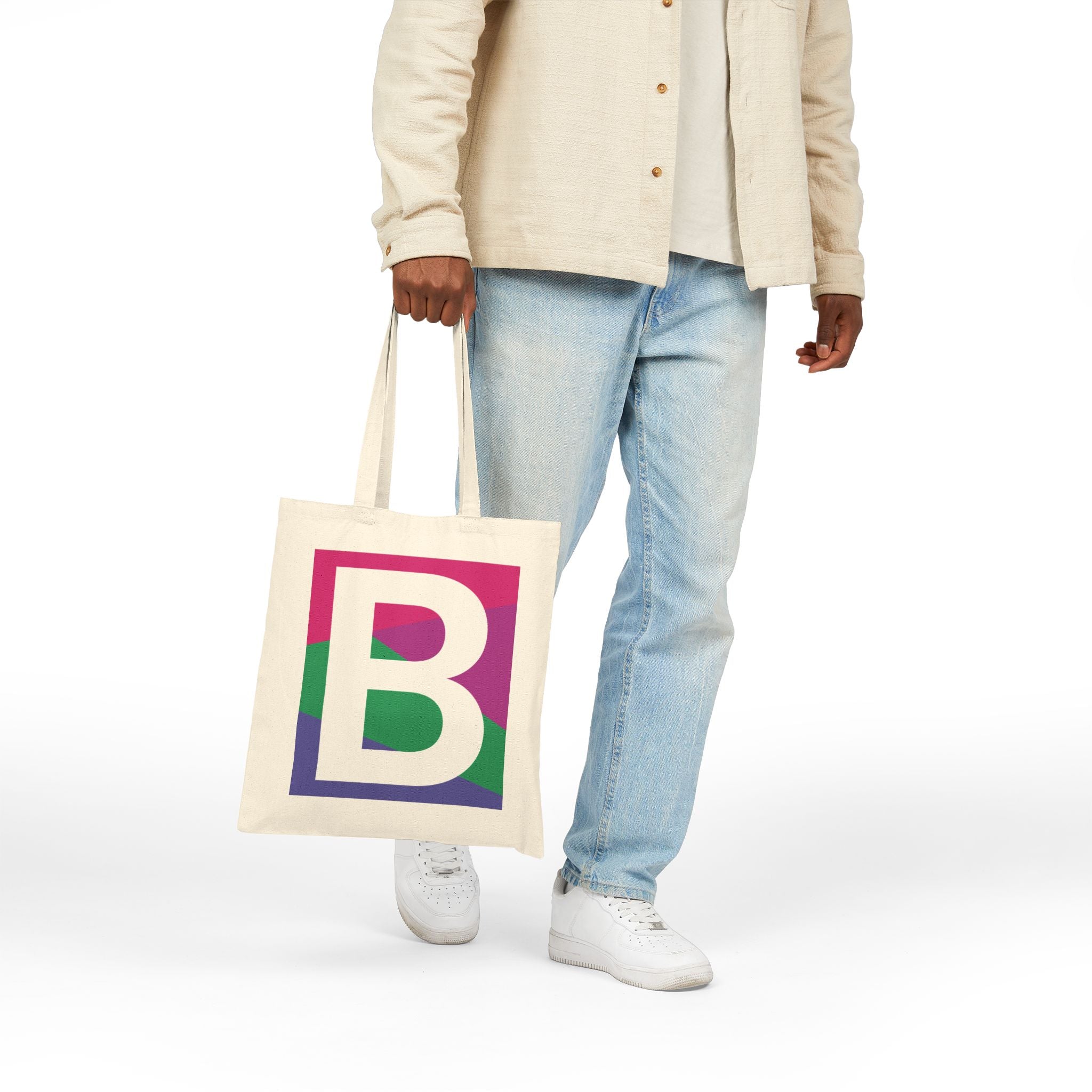 Initial B Colorblock Canvas Tote Bag — Monogram Letter B Reusable Grocery Tote