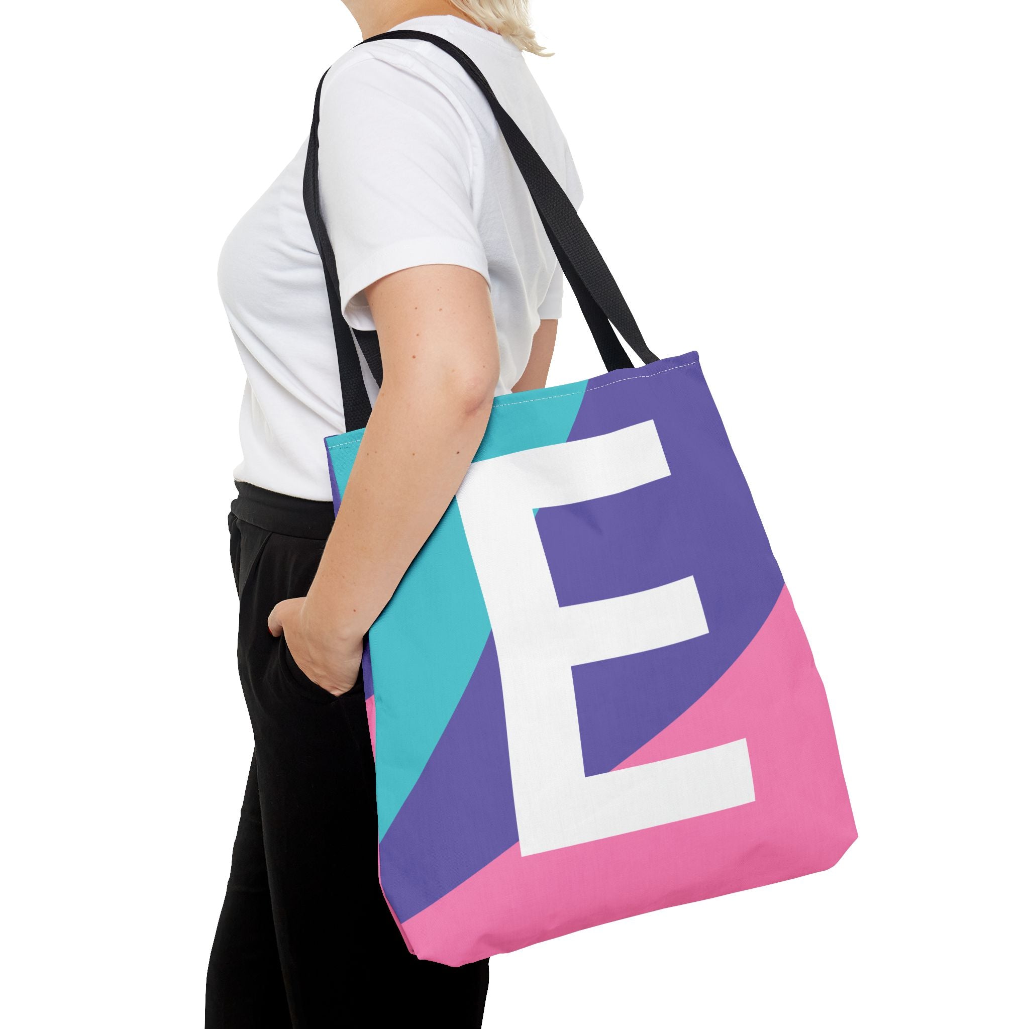 Monogram 'E' Colorblock Tote Bag — Personalized Initial E Shoulder Tote