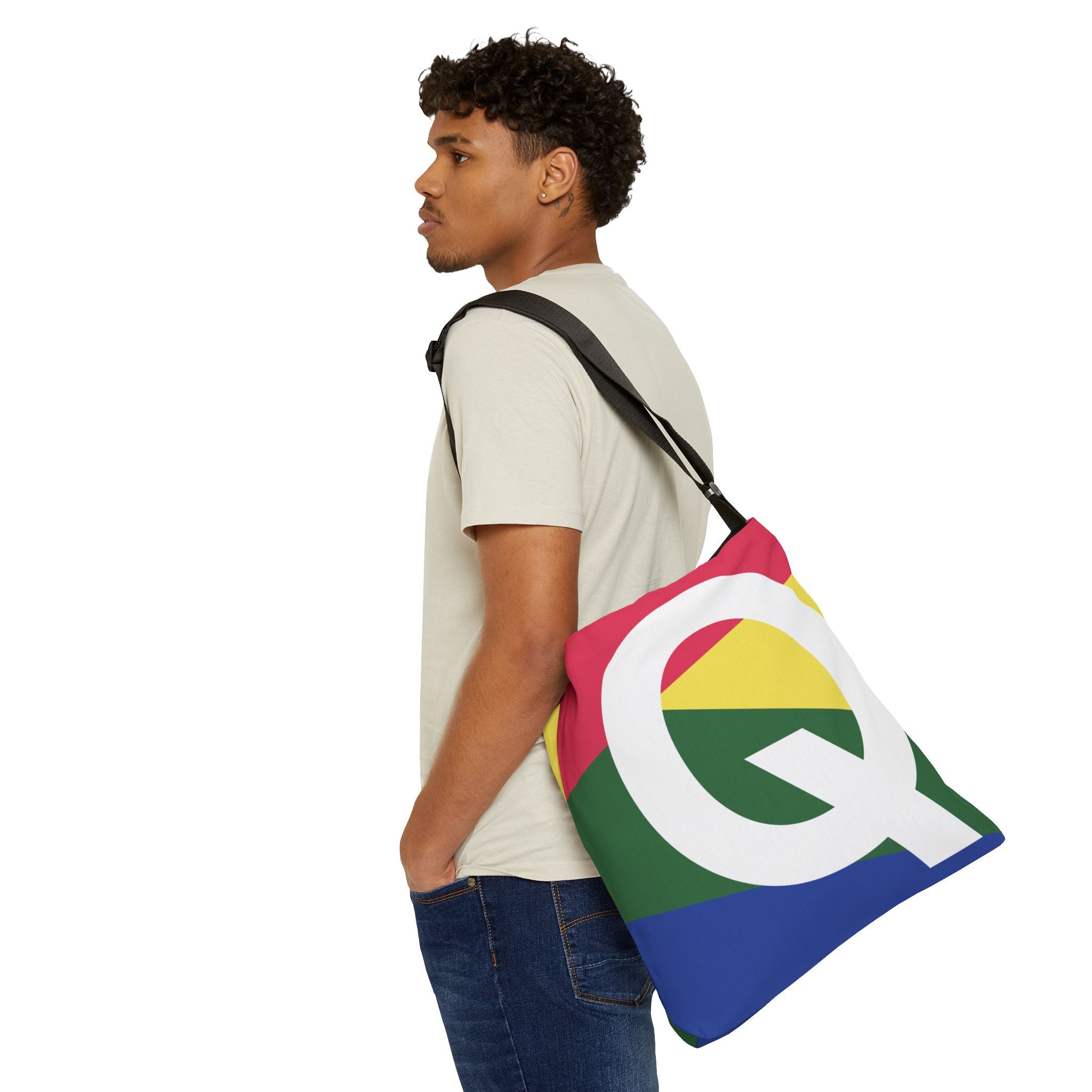 Initial Letter 'Q' Colorblock Adjustable Tote Bag — Monogram Alphabet Shoulder Bag