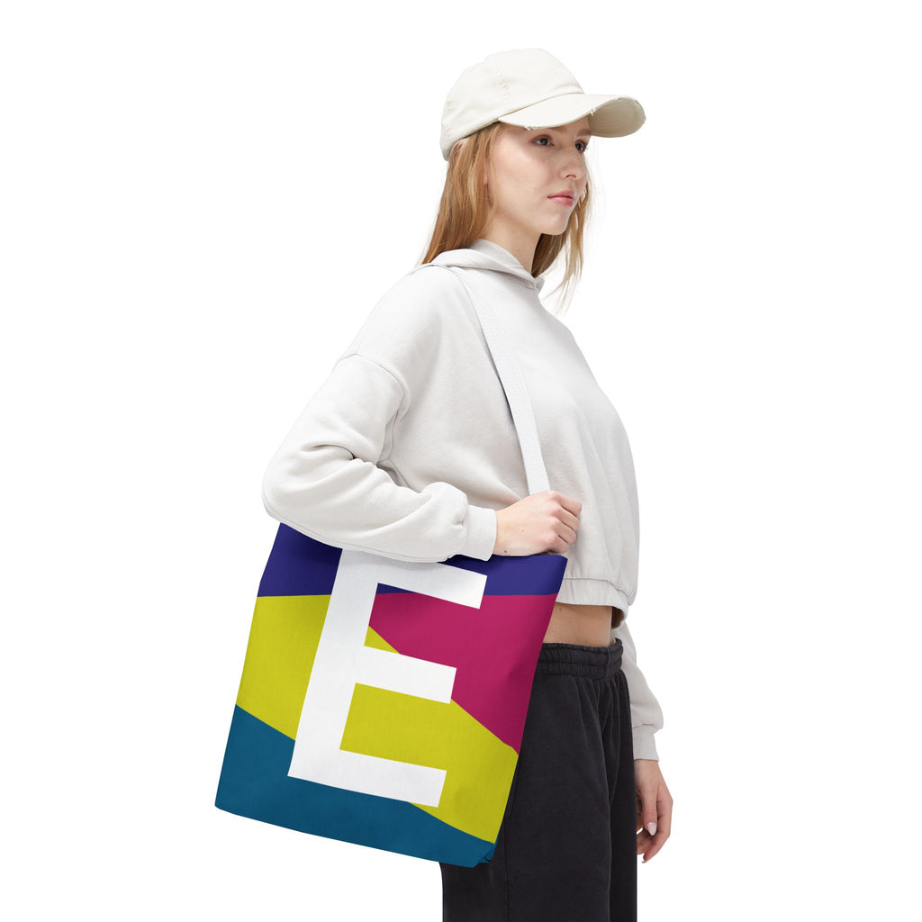 Monogram 'E' Colorblock Tote Bag — Personalized Initial E Shoulder Tote