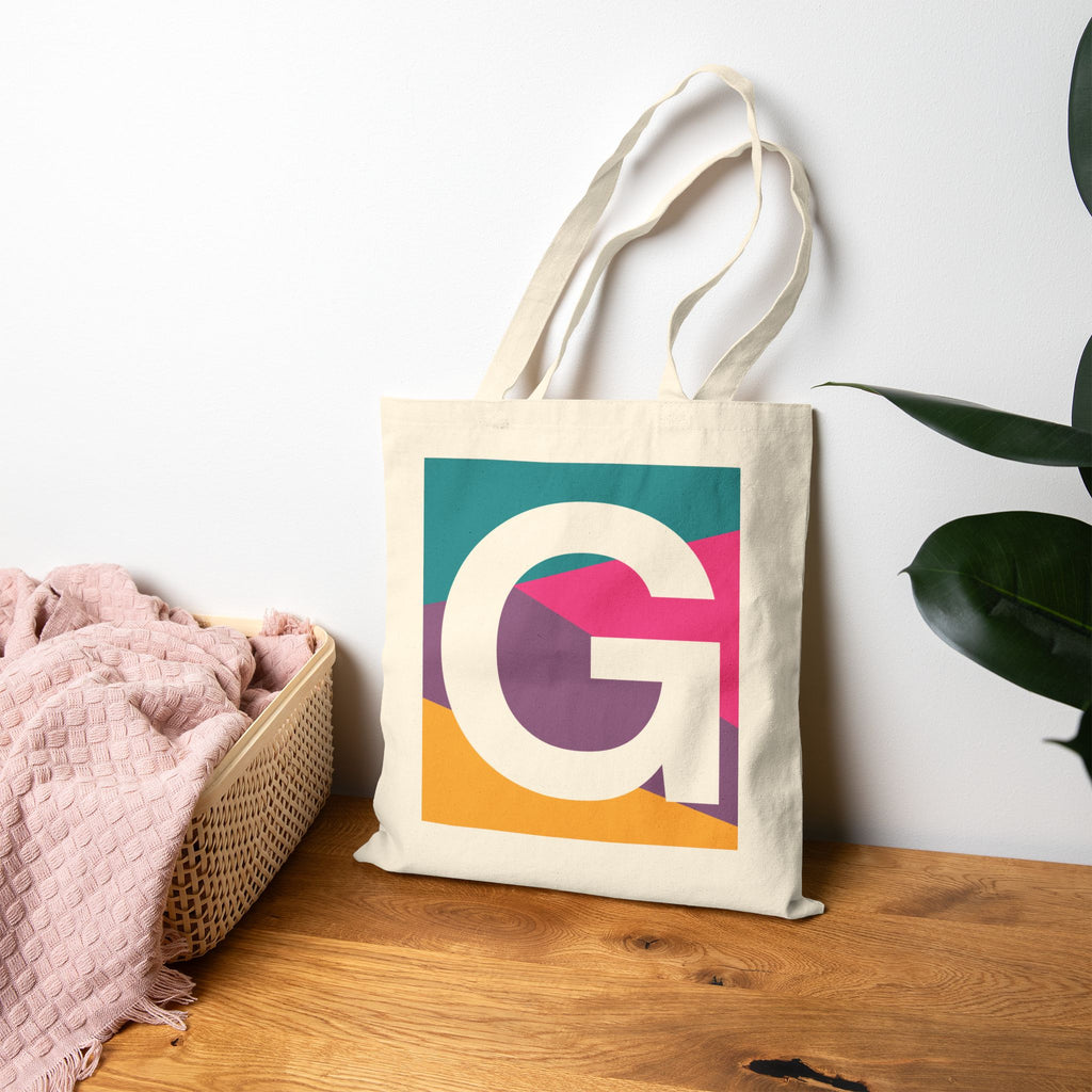 Initial G Colorblock Canvas Tote Bag — Monogram Letter G Reusable Grocery Tote