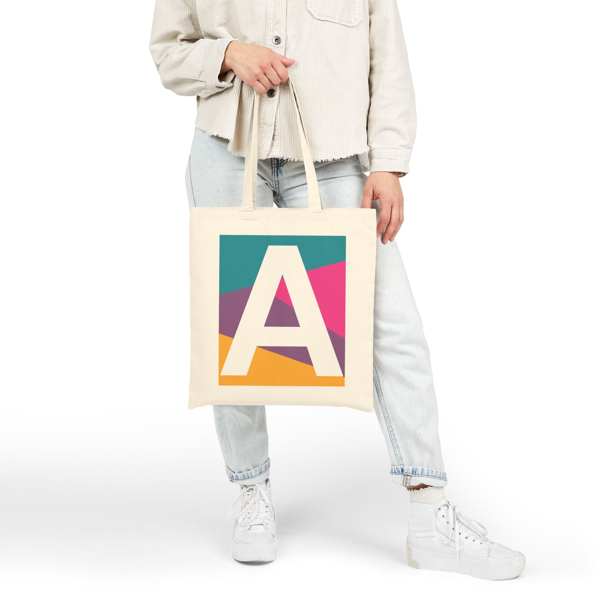 Initial A Colorblock Canvas Tote Bag — Monogram Letter A Reusable Grocery Tote