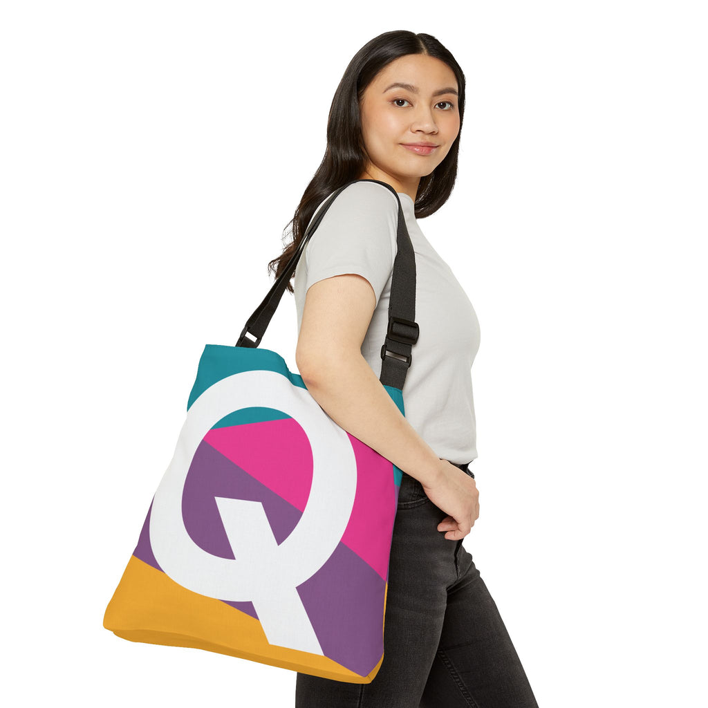Initial Letter 'Q' Colorblock Adjustable Tote Bag — Monogram Alphabet Shoulder Bag