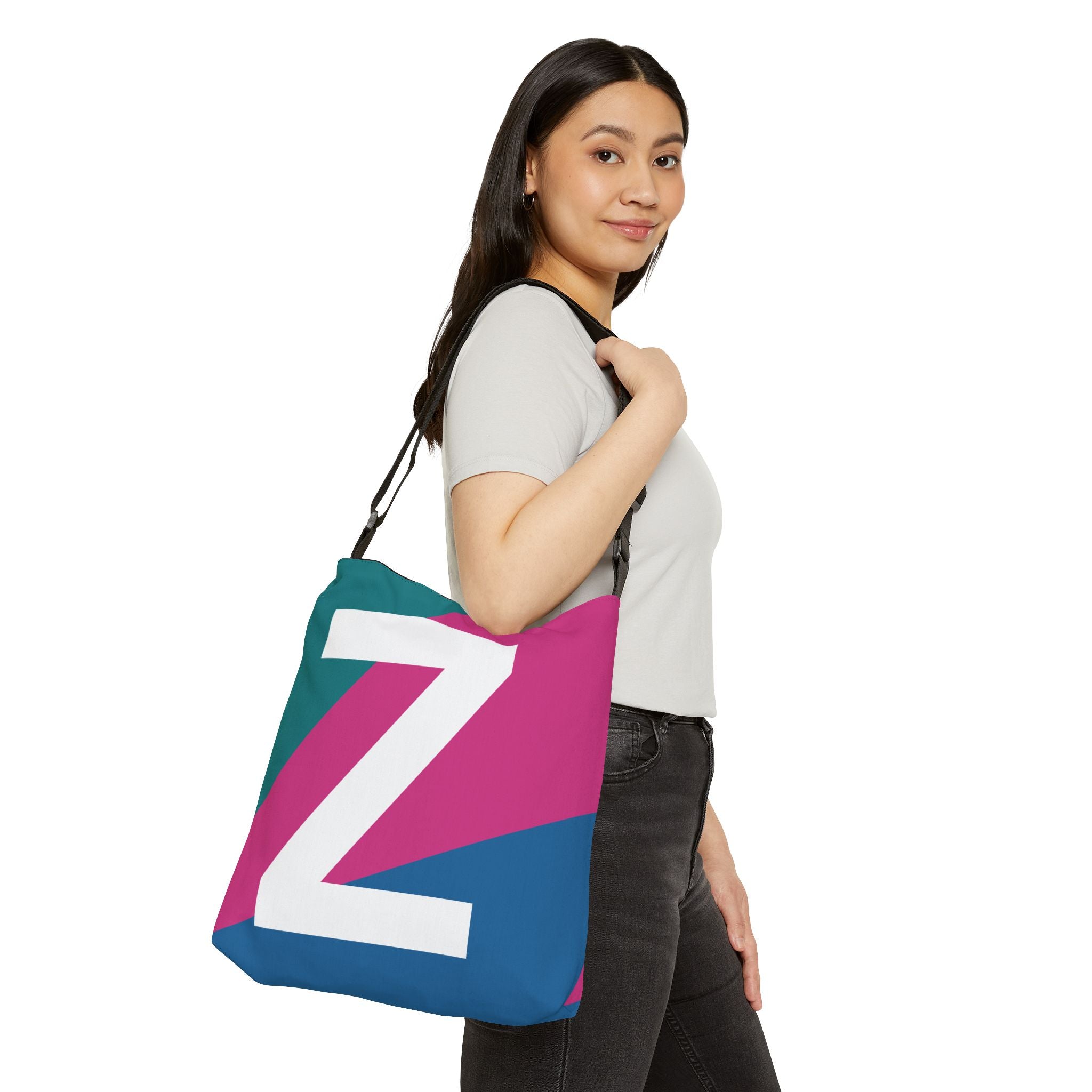 Initial Letter 'Z' Colorblock Adjustable Tote Bag — Monogram Alphabet Shoulder Bag