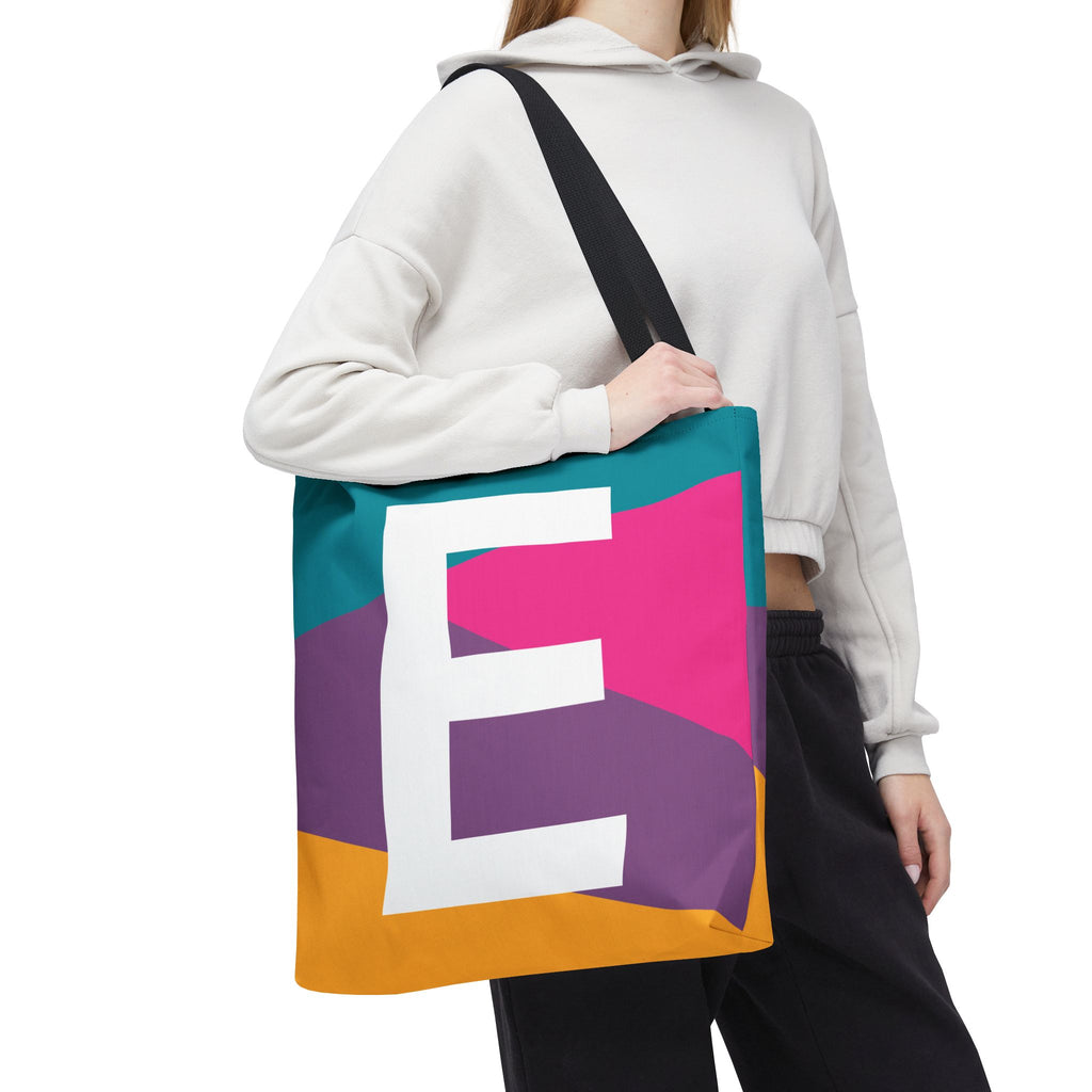 Monogram 'E' Colorblock Tote Bag — Personalized Initial E Shoulder Tote