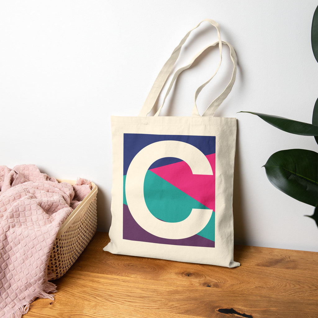 Initial C Colorblock Canvas Tote Bag — Monogram Letter C Reusable Grocery Tote