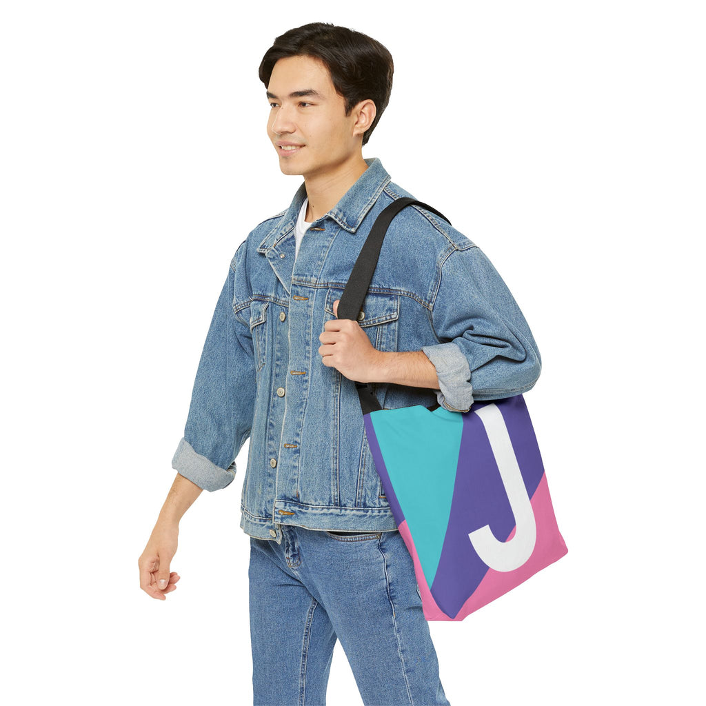 Initial Letter 'J' Colorblock Adjustable Tote Bag — Monogram Alphabet Shoulder Bag