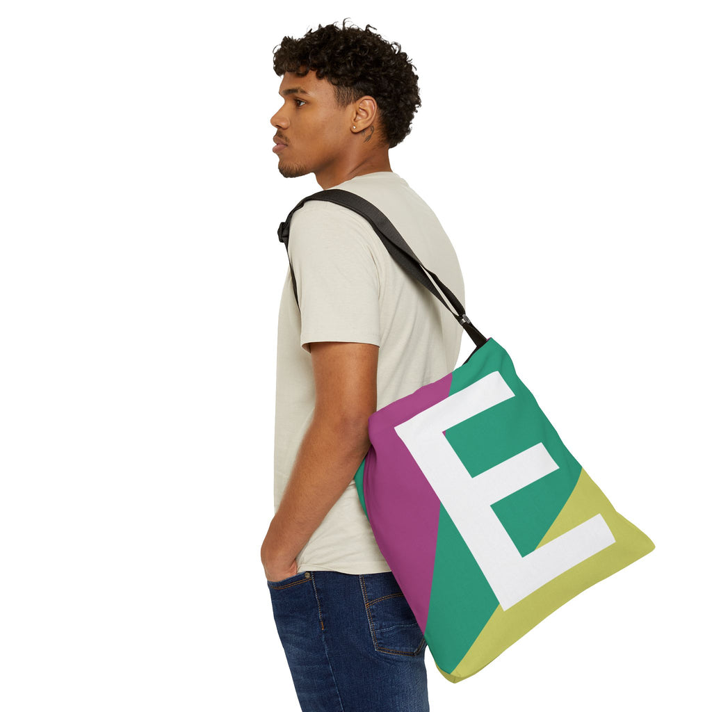 Initial Letter 'E' Colorblock Adjustable Tote Bag — Monogram Alphabet Shoulder Bag