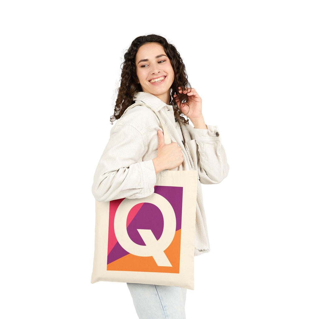 Initial Q Colorblock Canvas Tote Bag — Monogram Letter Q Reusable Grocery Tote